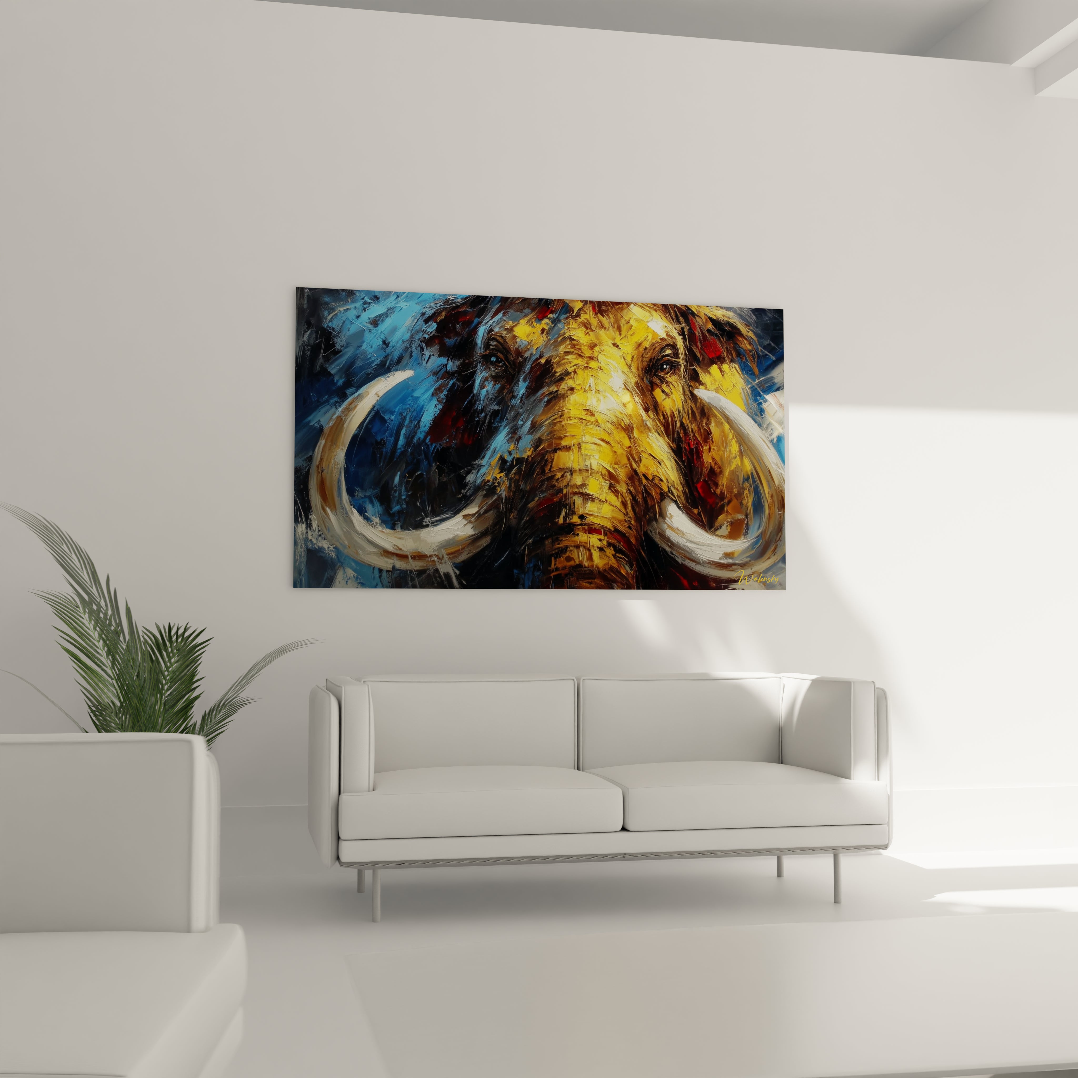 Gros plan tableau mammouth laineux défenses ivoire peinture texturée empâtements expressionnistes détails