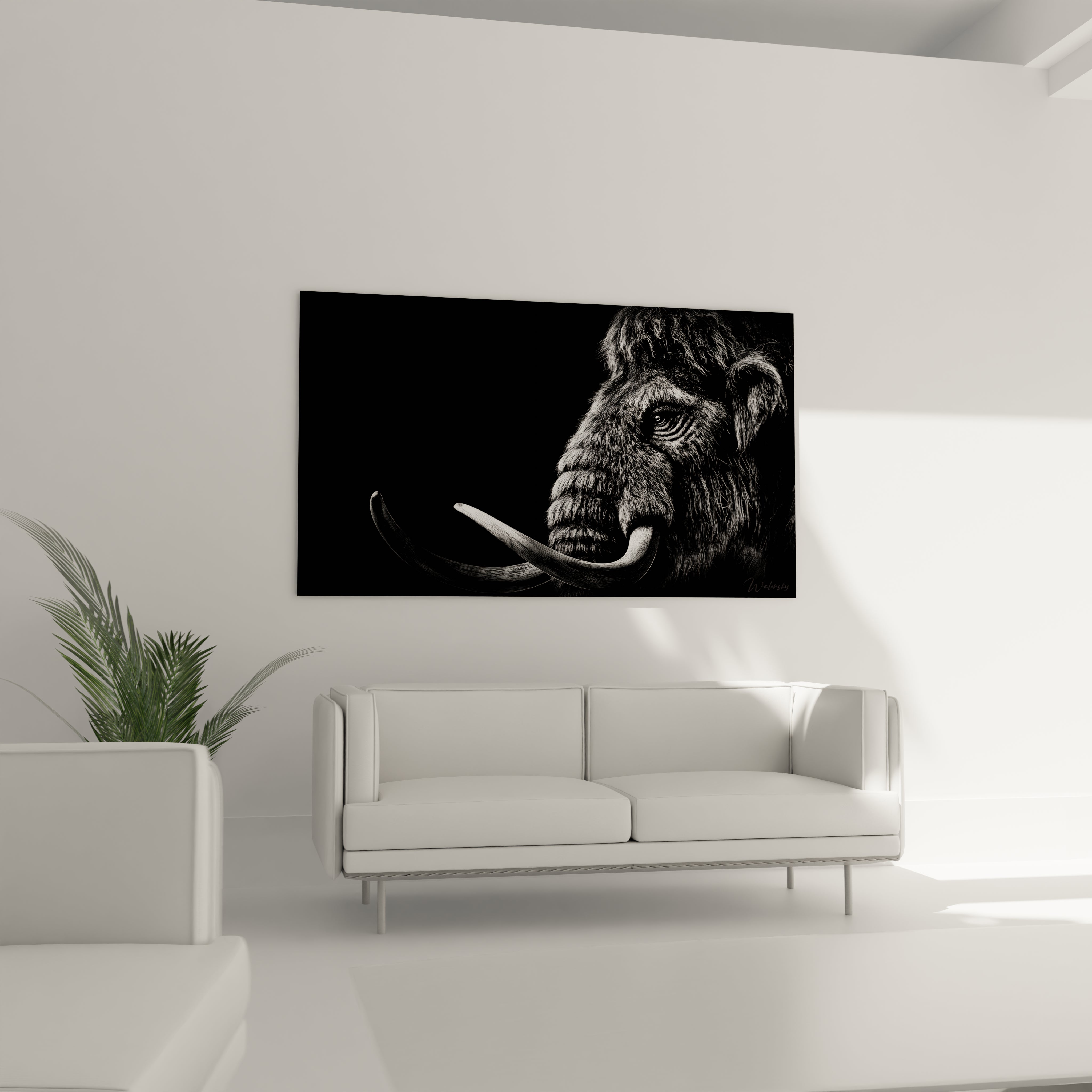 Gros plan détaillé tableau mammouth laineux montrant texture fourrure et défenses, art animalier haute qualité