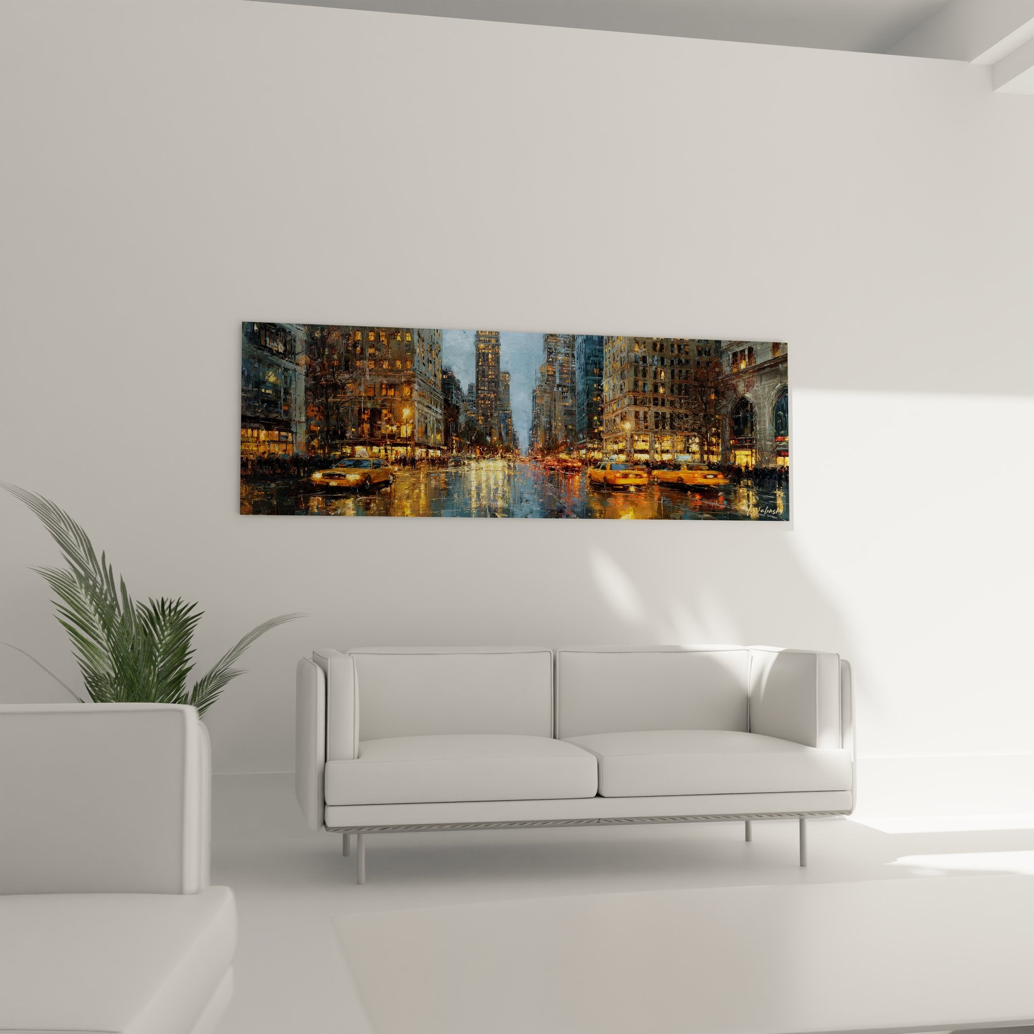 Gros plan tableau Manhattan pluie détails reflets lumineux chaussée mouillée taxis