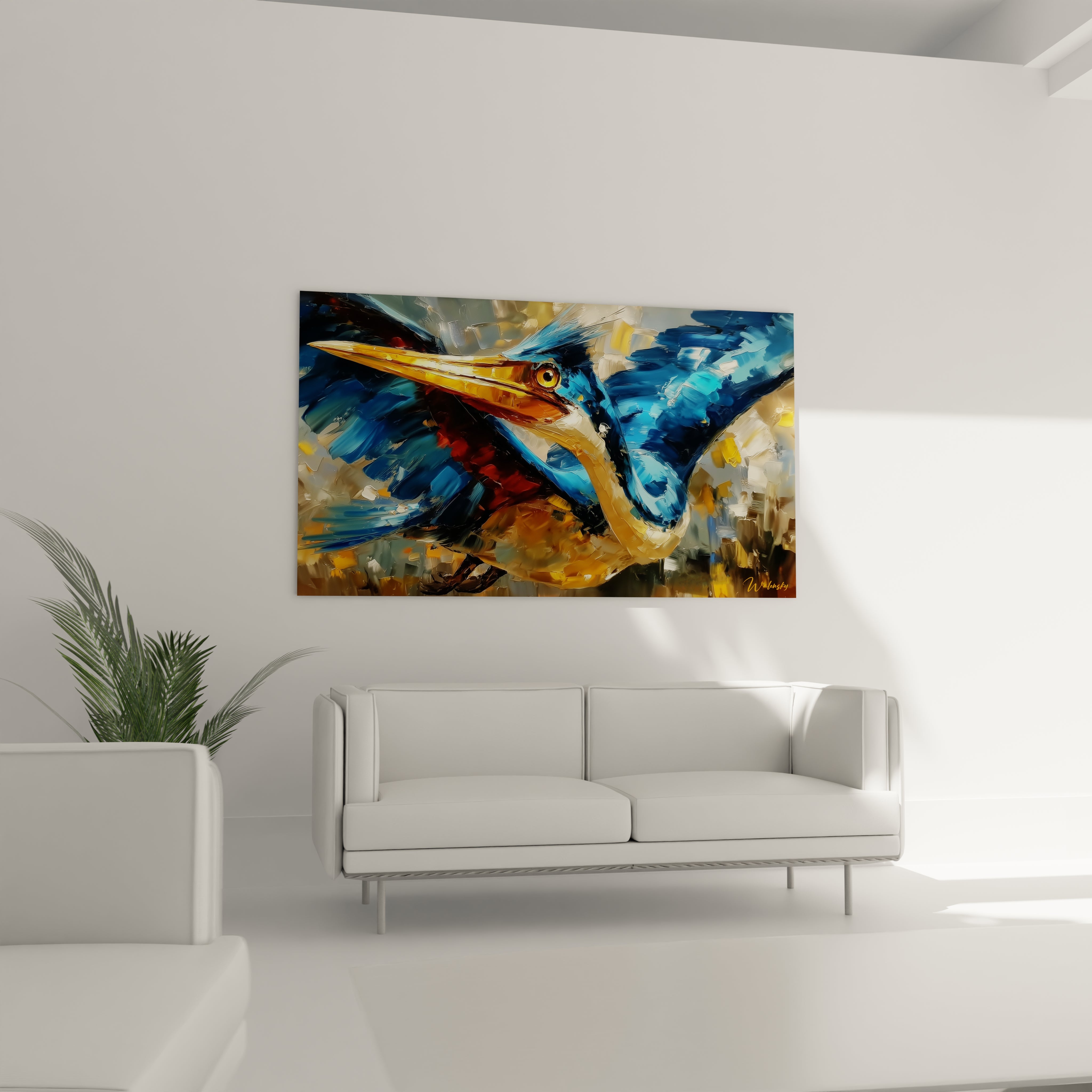 Gros plan tableau martin-pêcheur détails peinture expressionniste œil orange bec