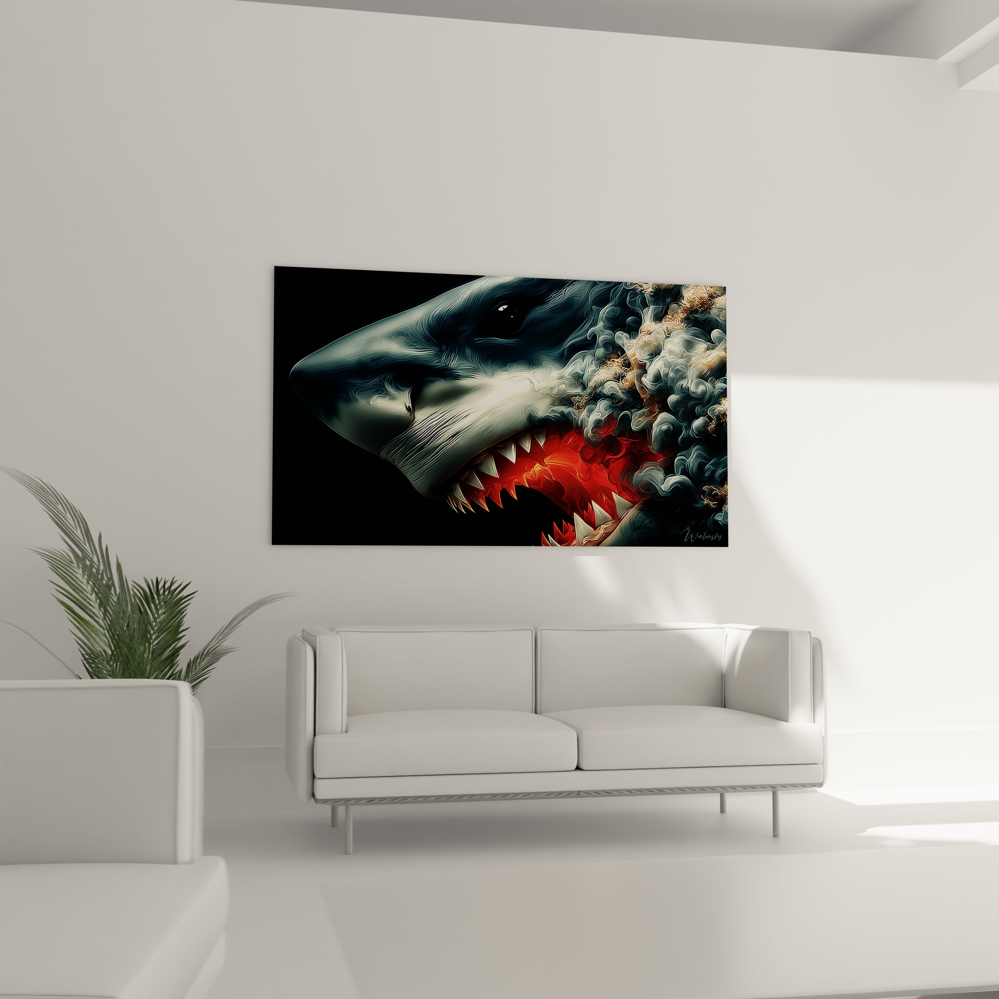 Gros plan tableau mégalodon détails dents acérées texture peau requin art animalier maritime haute qualité