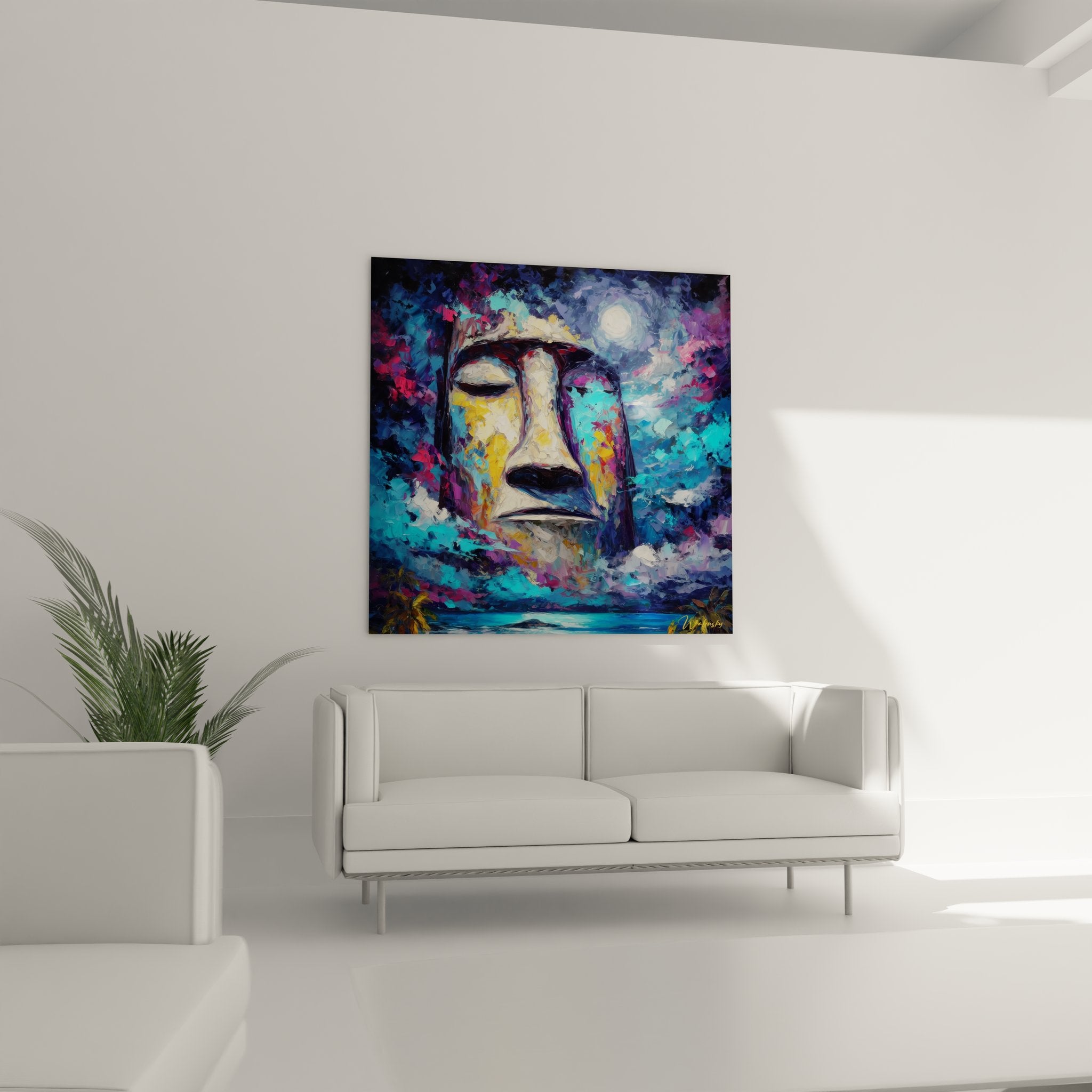 Gros plan tableau Moaï île de Pâques peinture expressionniste couleurs vives détails