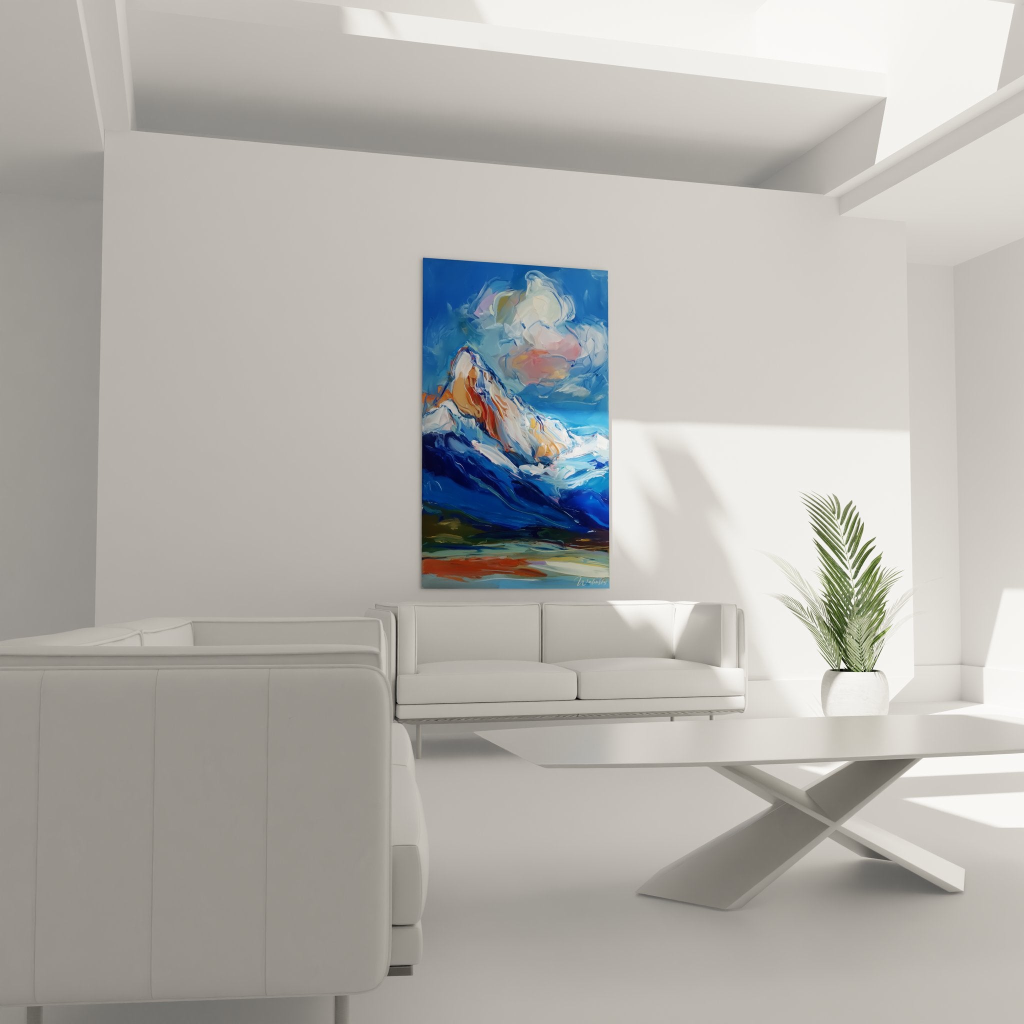 Détail gros plan tableau montagne abstraite montrant texture empâtements blancs et bleus sommets