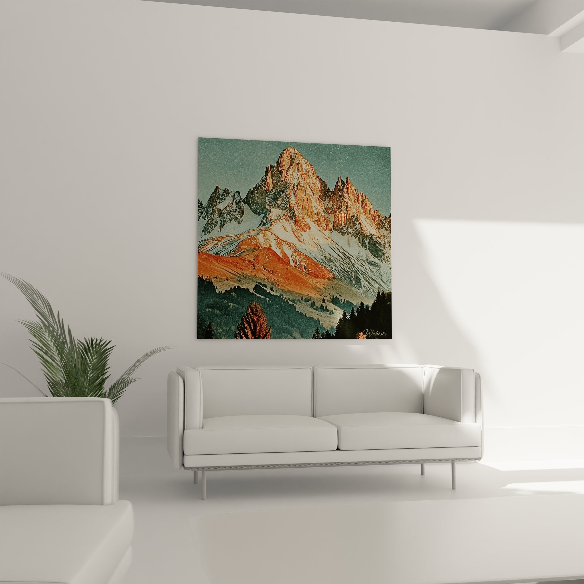 Gros plan détaillé du tableau montagne montrant les nuances orangées sur les crêtes rocheuses enneigées