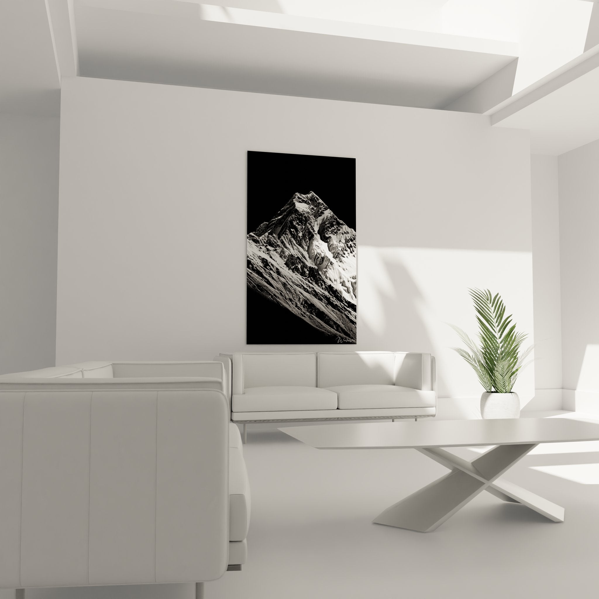 Gros plan tableau montagne enneigée, détails texture roche et neige, impression artistique haute définition