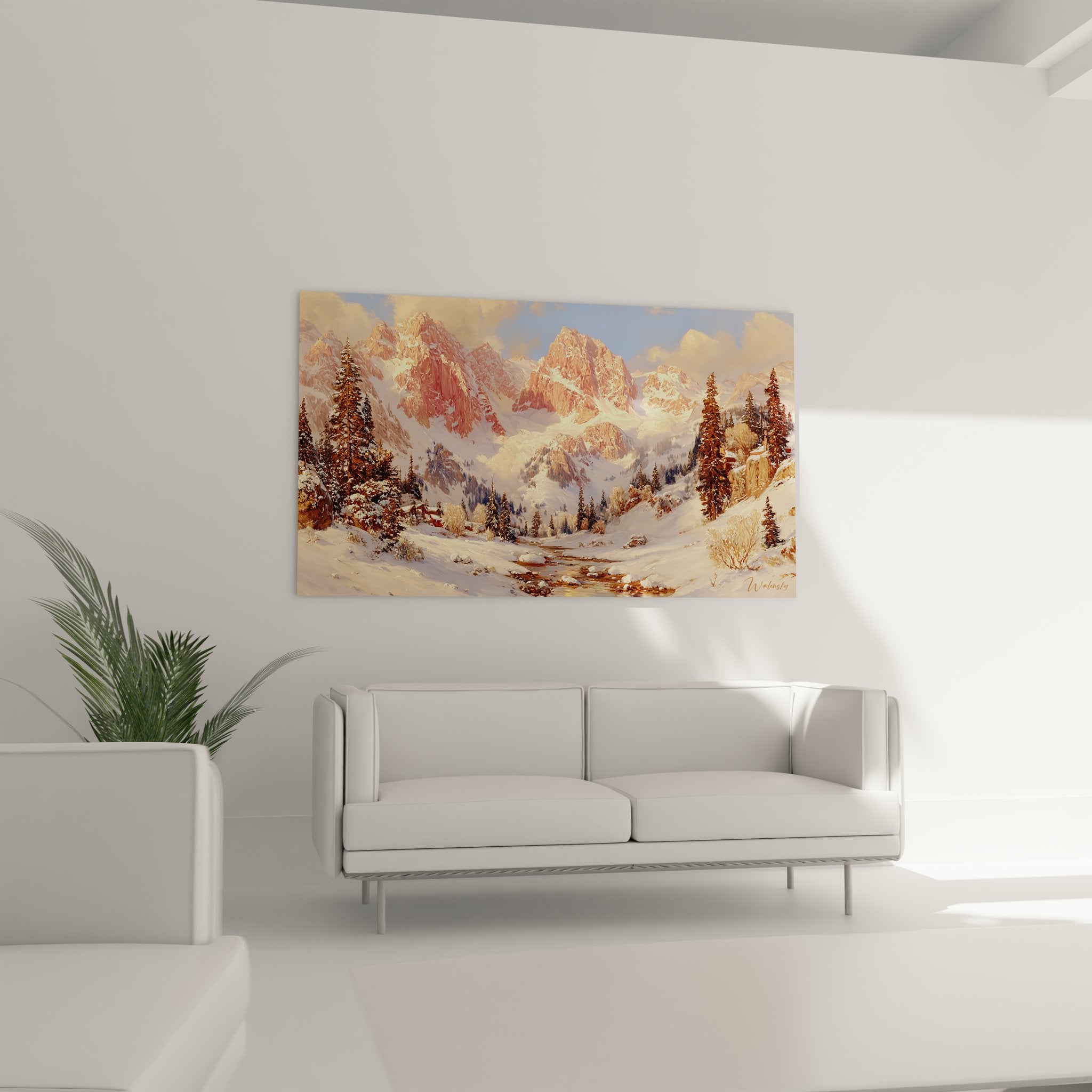 Détail tableau montagne montrant texture peinture sommets alpins lumière dorée alpenglow