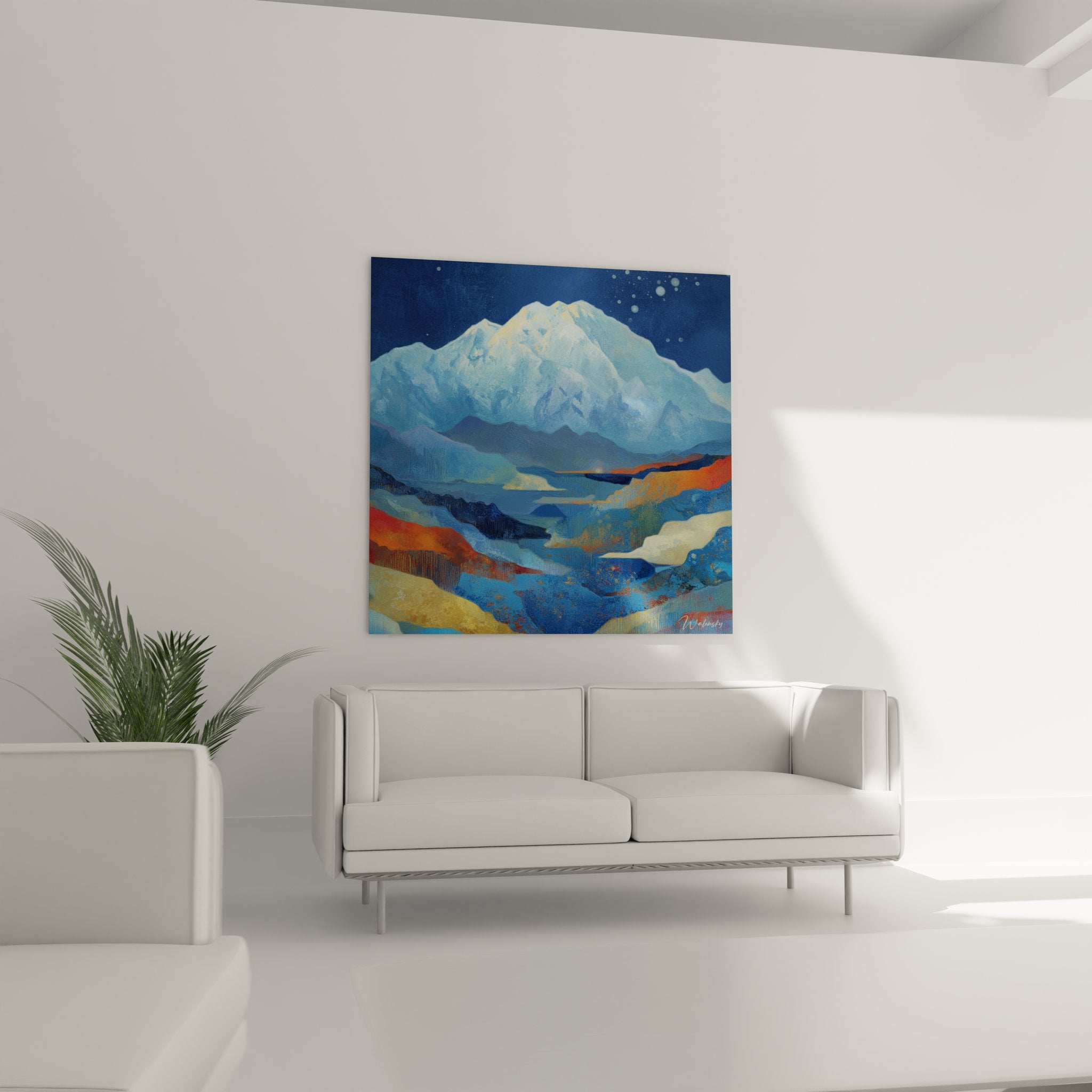 Détail gros plan tableau montagne montrant textures neige et couleurs vallées ondulantes