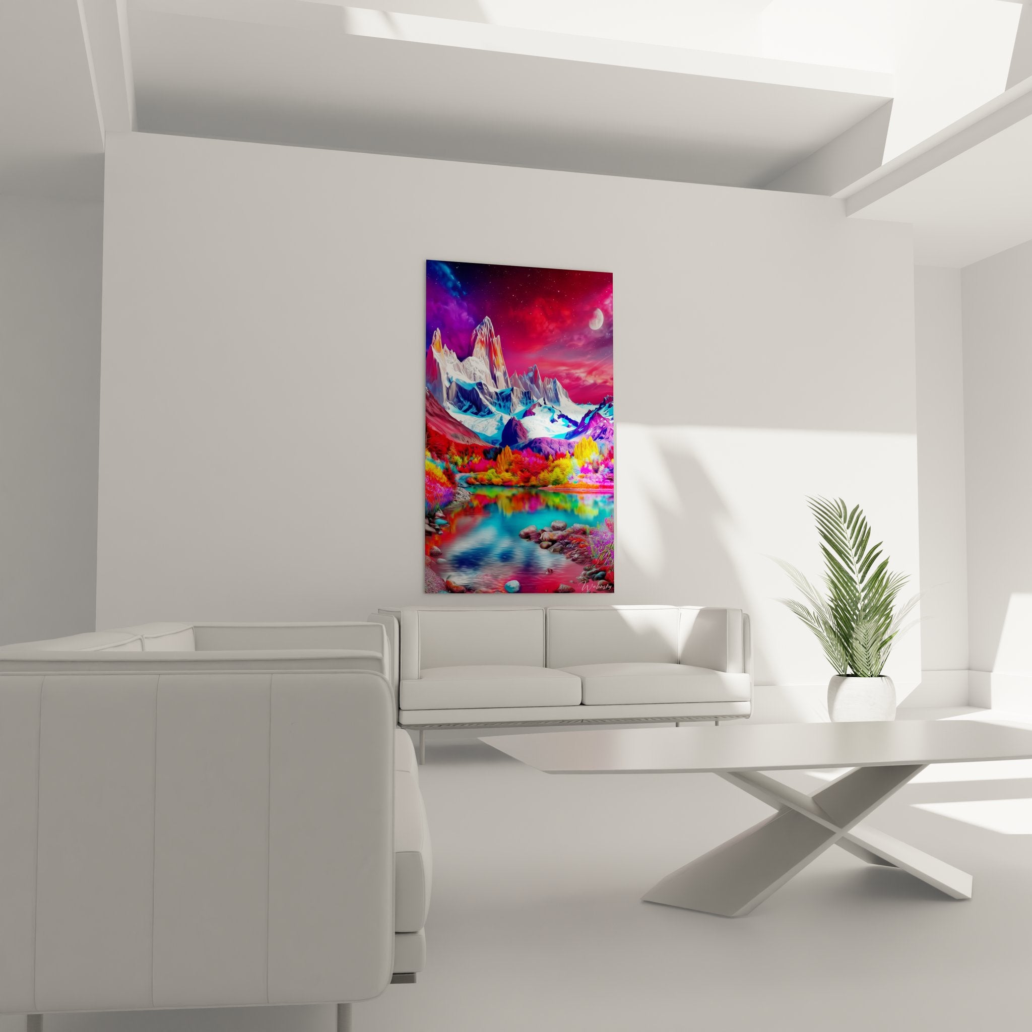 Nahaufnahme Berggemälde fantastisch mit psychedelischen Vegetationsdetails und farbigen Reflexionen