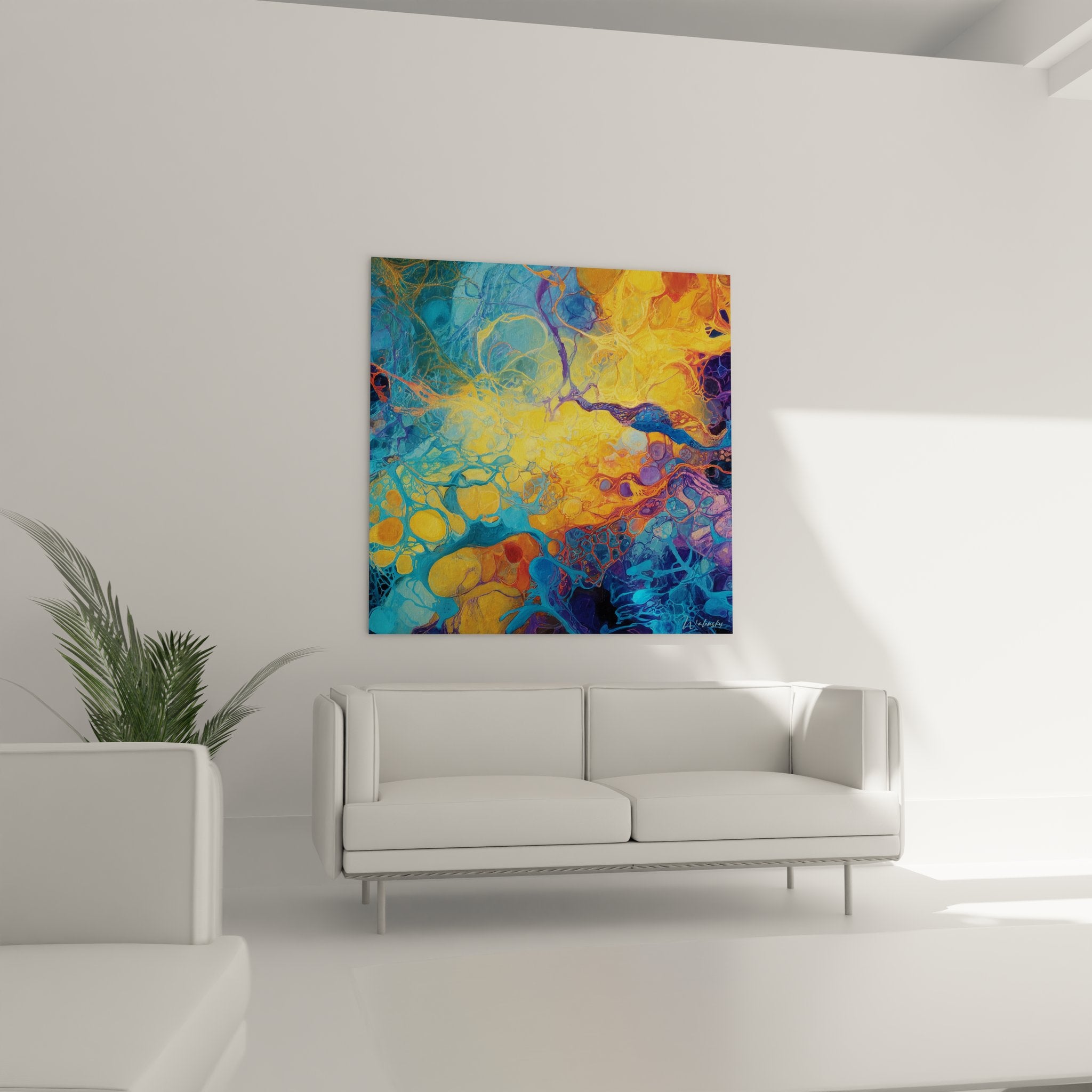 Gros plan détaillé du tableau neurones montrant textures fluides et transitions colorées organiques