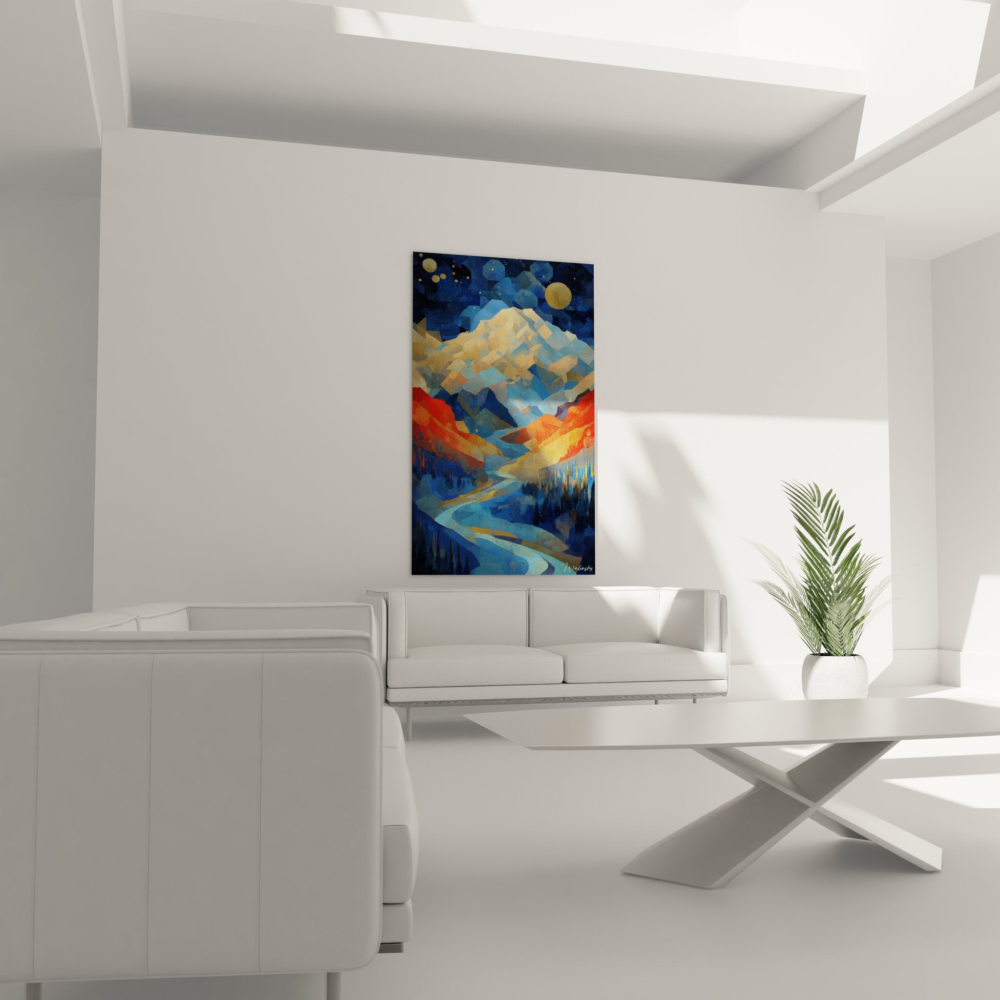 Gros plan tableau paysage montagnard abstrait détails textures couleurs fragmentées géométriques