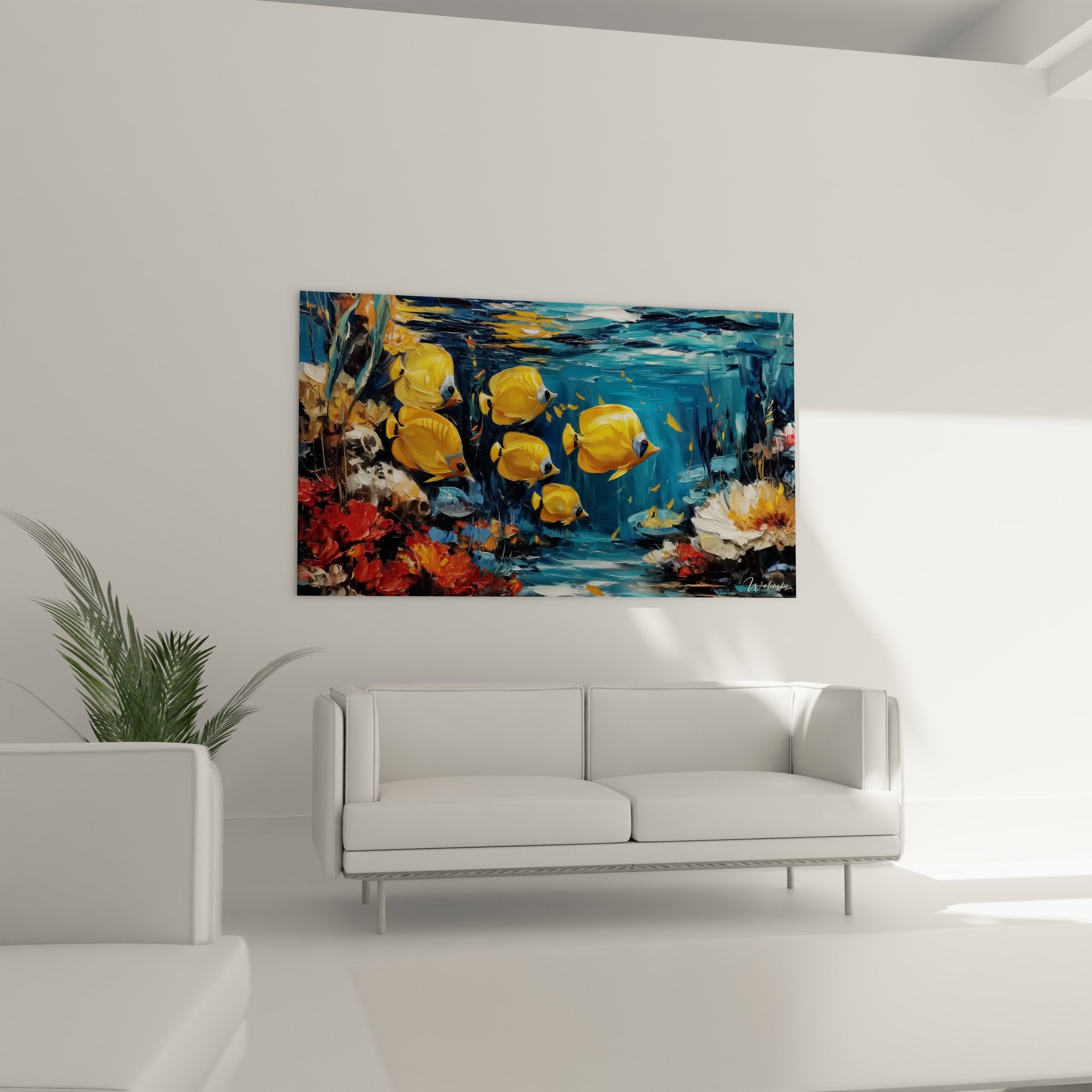 Gros plan tableau poissons coralliens jaunes - détails peinture aquatique impressionniste marine