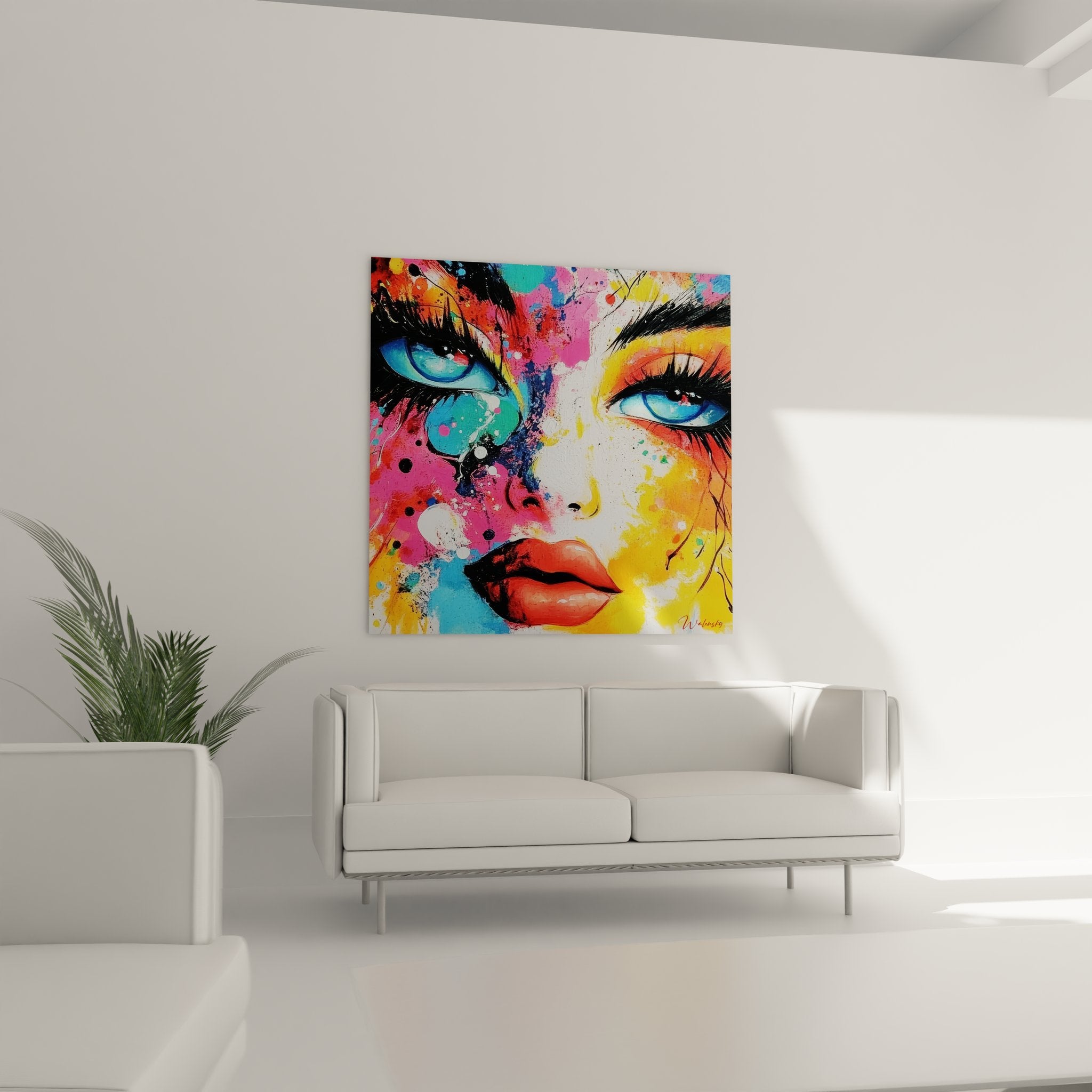 Gros plan tableau portrait féminin abstrait - Détails couleurs vives et technique dripping artistique moderne