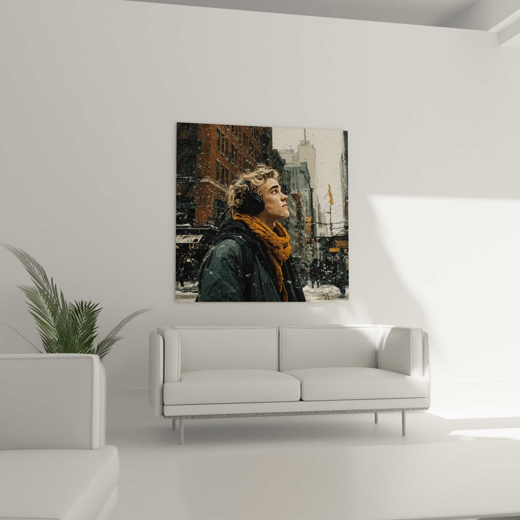 Gros plan tableau portrait femme casque audio cheveux bouclés écharpe orange art mural détaillé