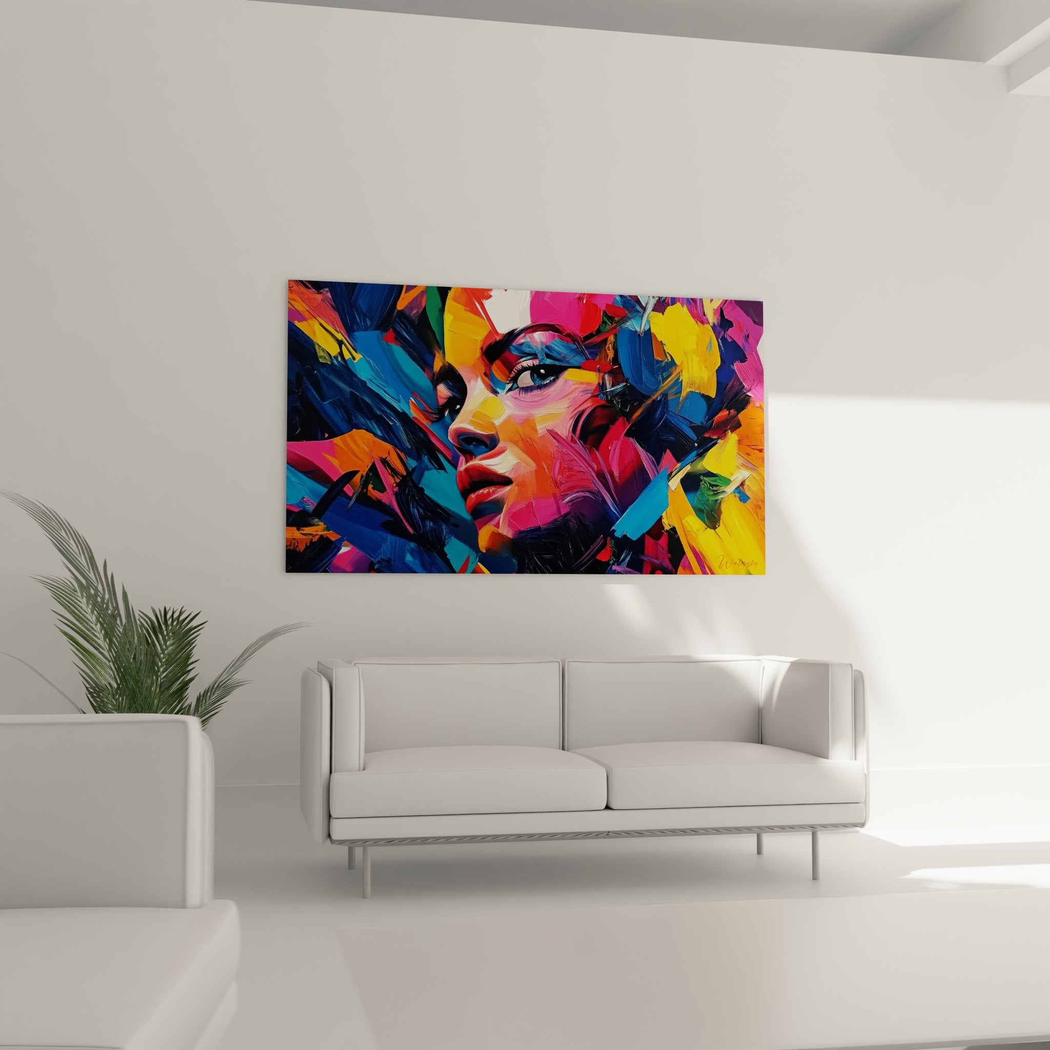 Gros plan tableau portrait femme figuratif détails couleurs vibrantes technique pinceau