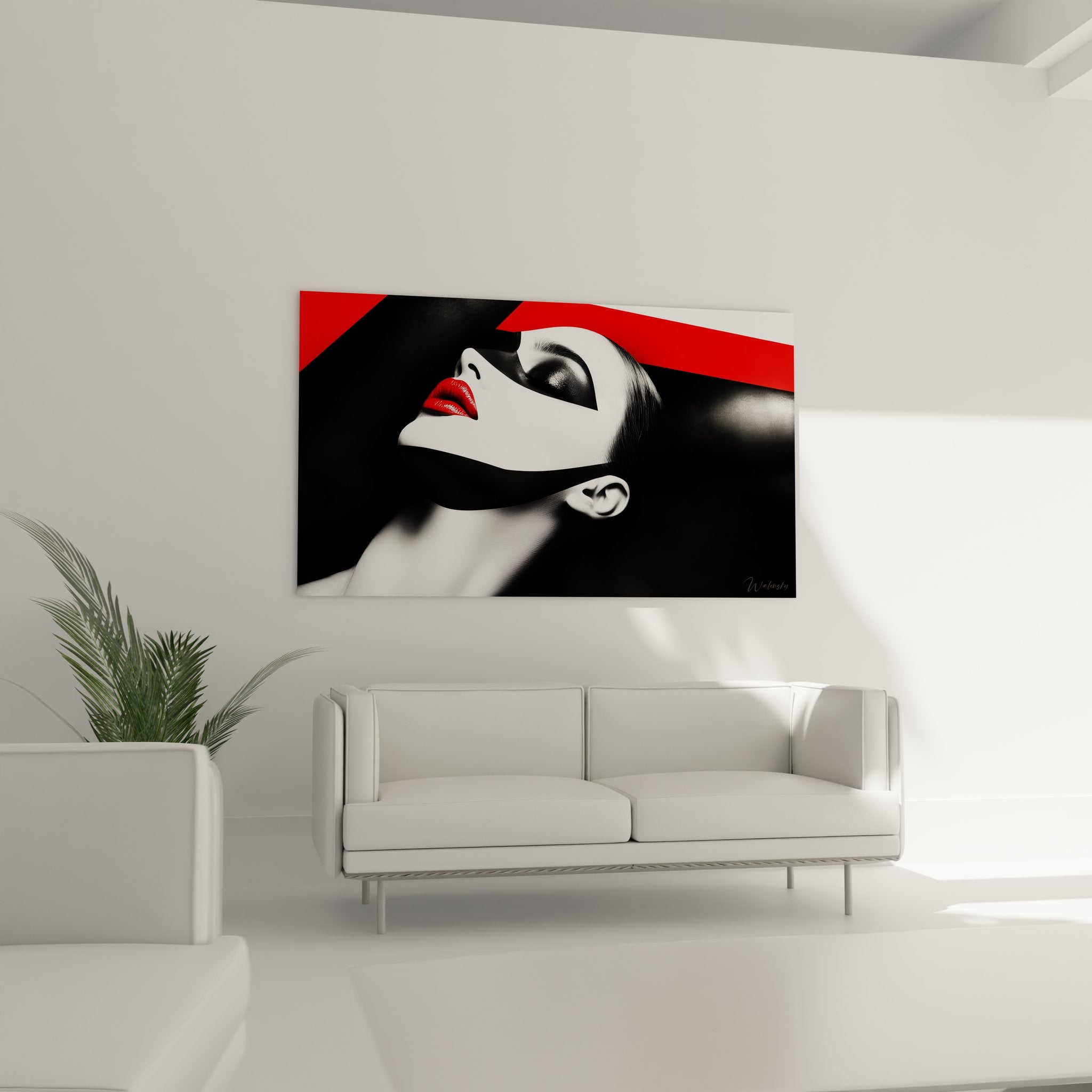 Gros plan tableau portrait femme masquée, détails artistiques rouge noir blanc design contemporain