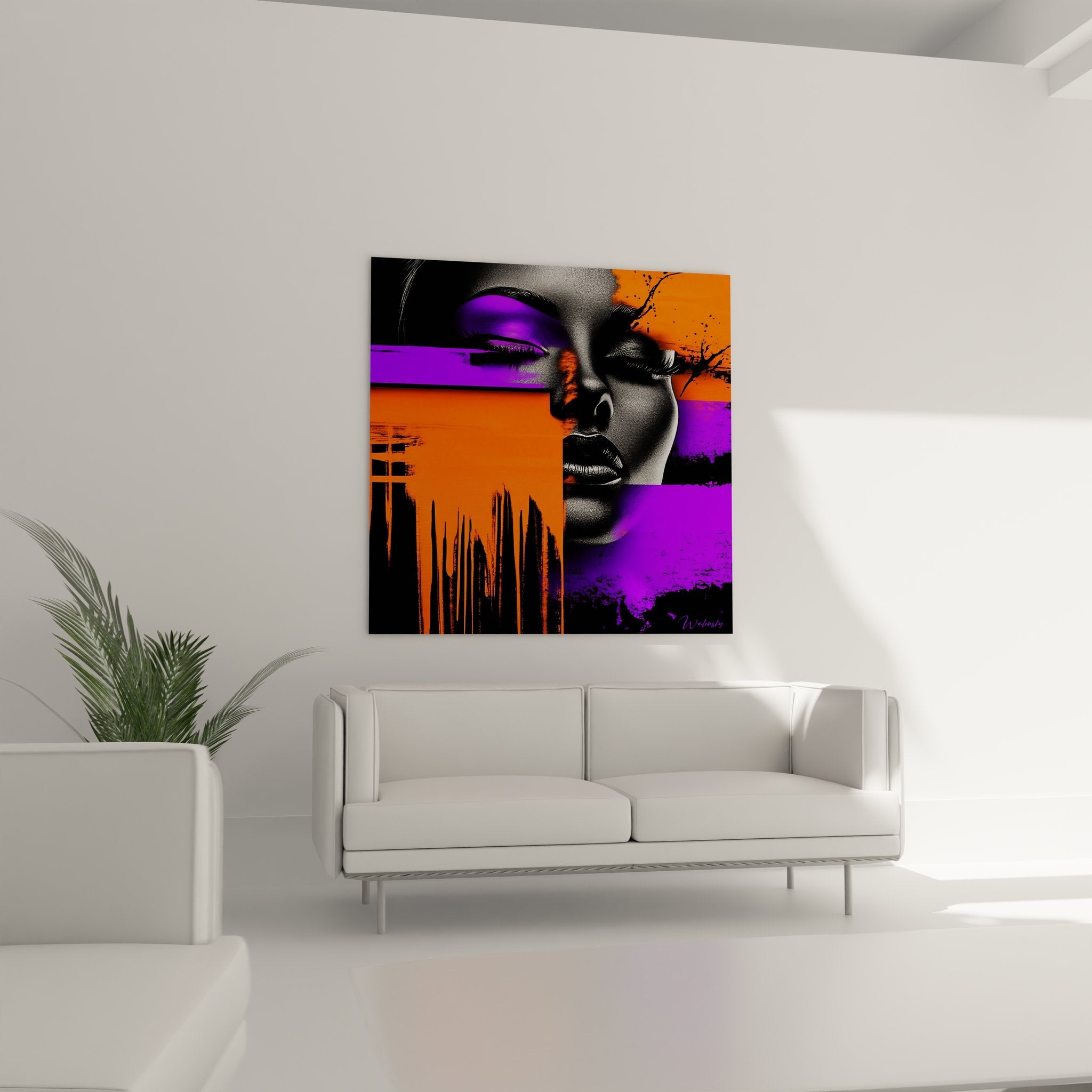 Gros plan tableau portrait femme moderne couleurs vives orange violet art abstrait