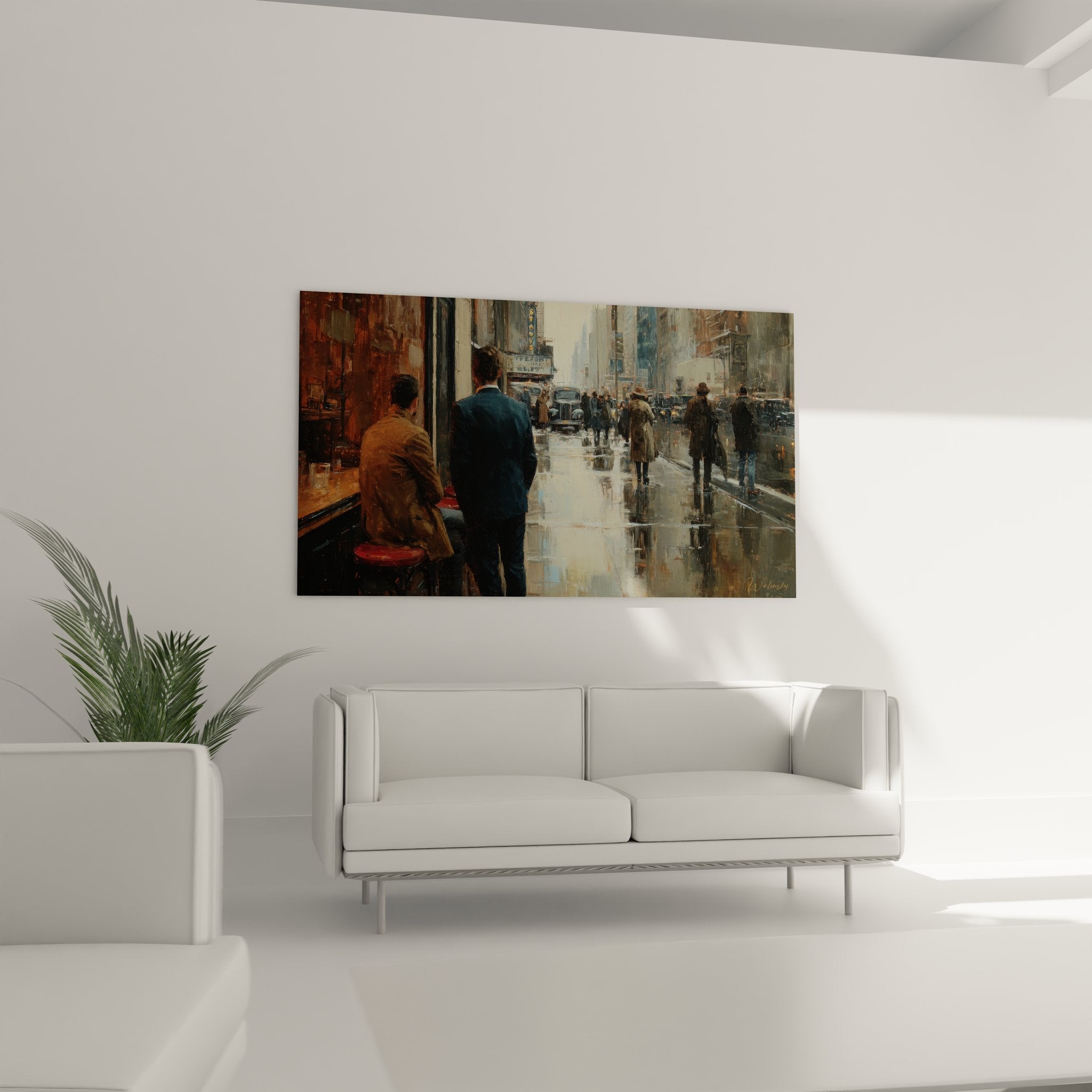 Gros plan tableau New York montrant détails des reflets sur pavé mouillé et architecture urbaine