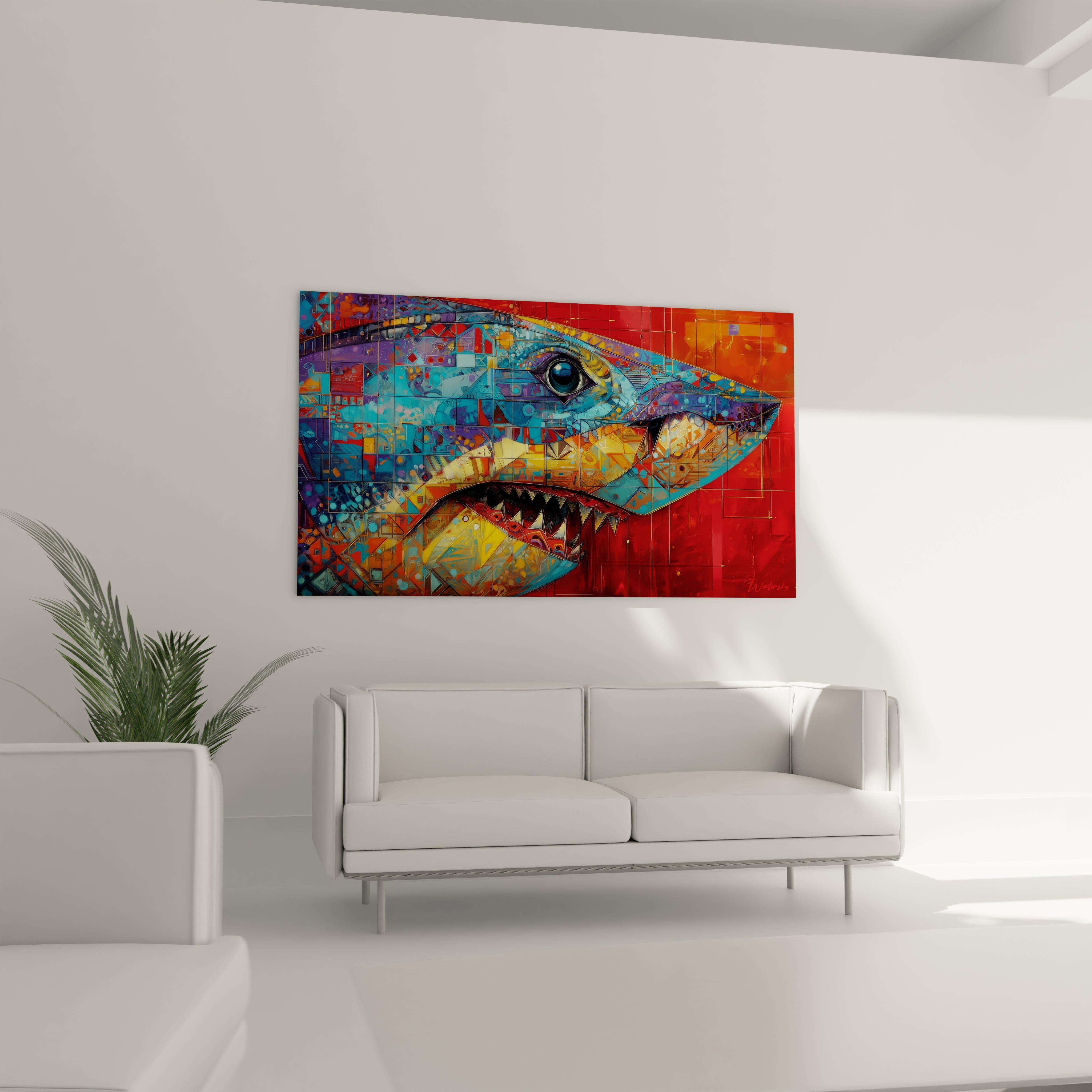 Gros plan tableau mégalodon art géométrique détails colorés motifs cubistes requin