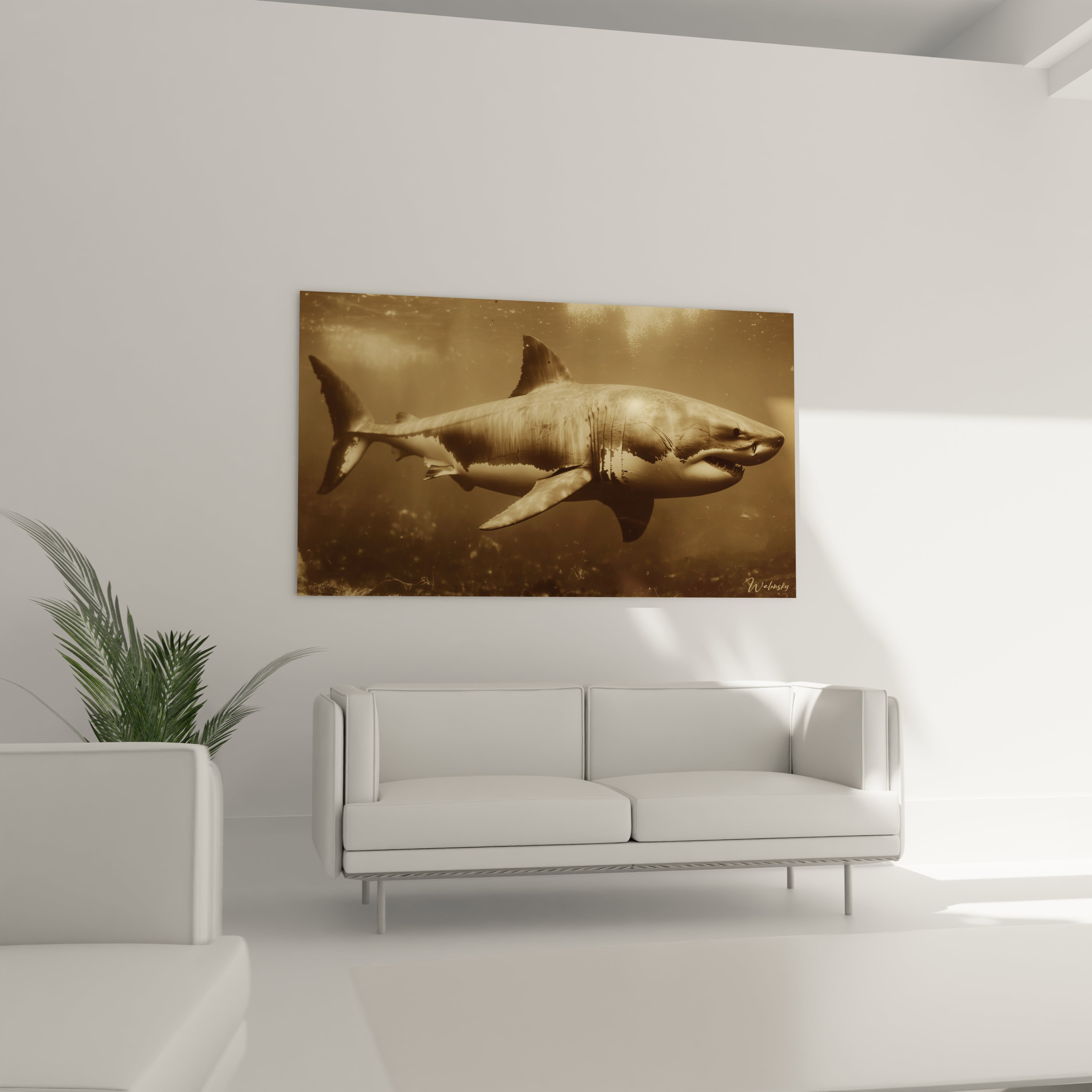 Gros plan tableau mégalodon - Détails requin géant art mural moderne doré