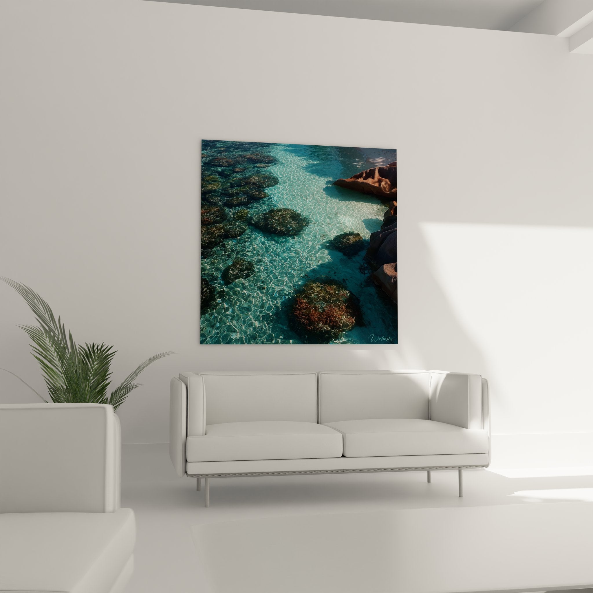 Gros plan tableau photographique rochers sous-marins, détails formations géologiques en eaux cristallines