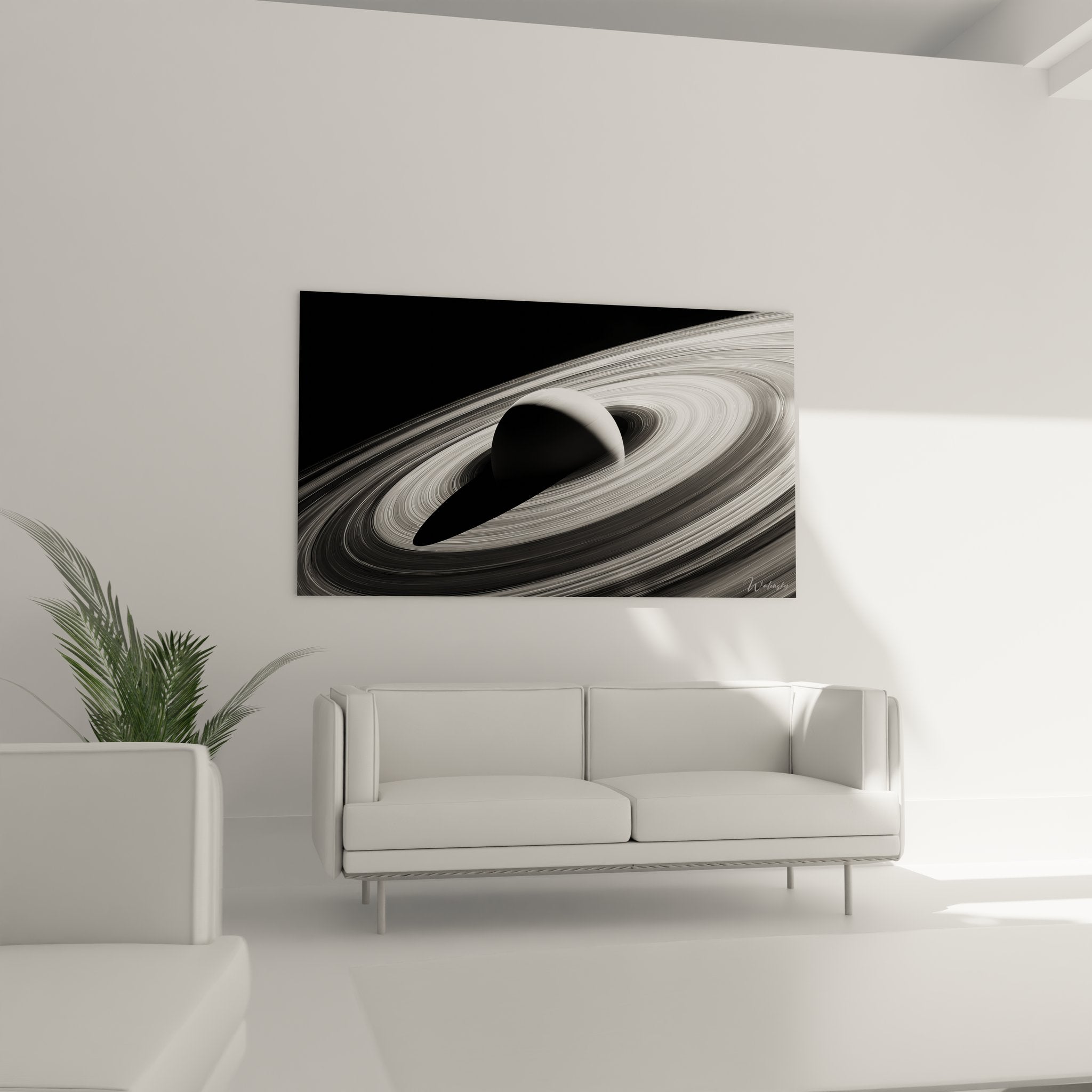 Gros plan tableau Saturne détails anneaux cosmiques art astronomique noir blanc