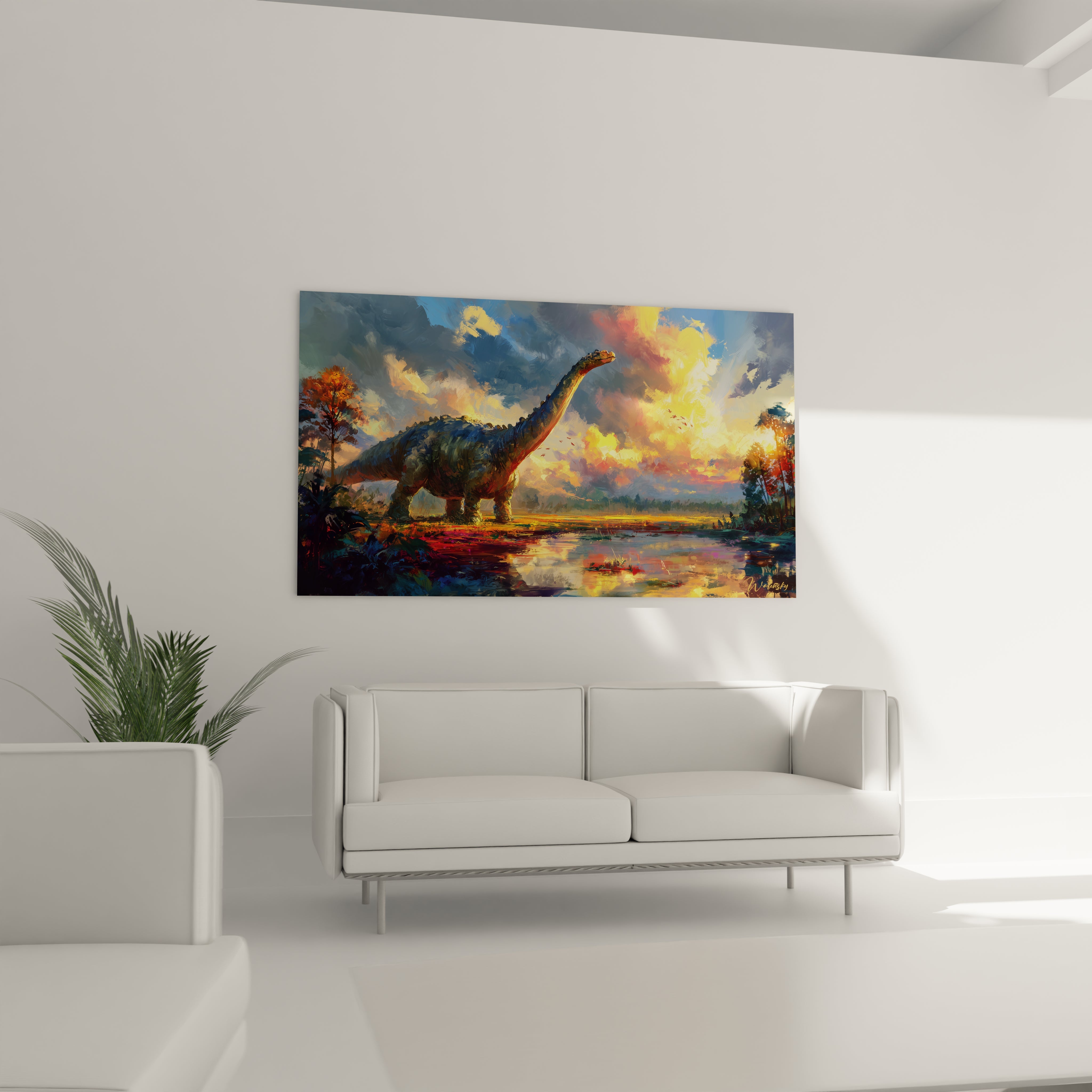 Gros plan tableau sauropode détails peau écailleuse et reflets dorés sur eau, art dinosaure haute qualité