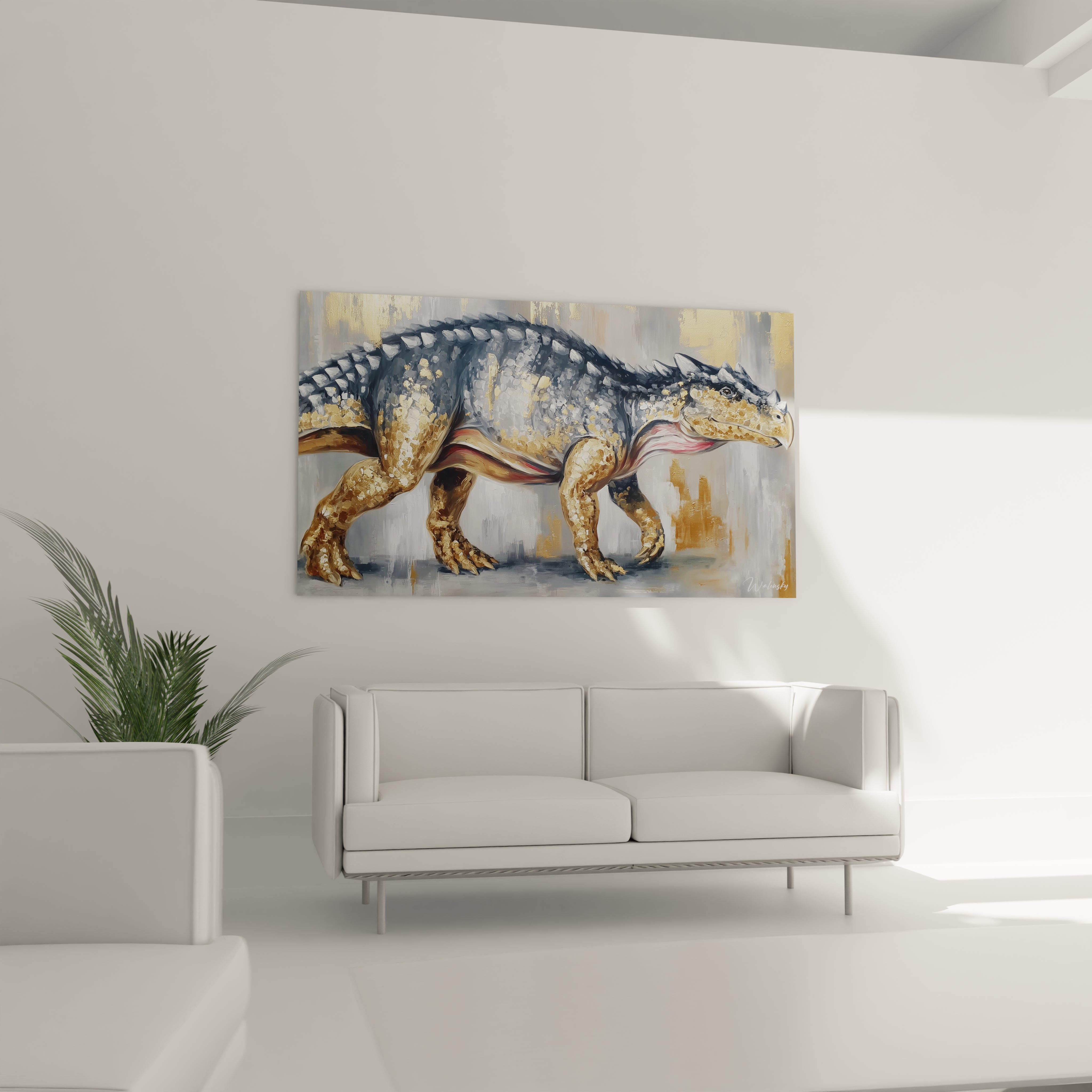 Gros plan détaillé du tableau Scutosaurus montrant les finitions dorées et textures