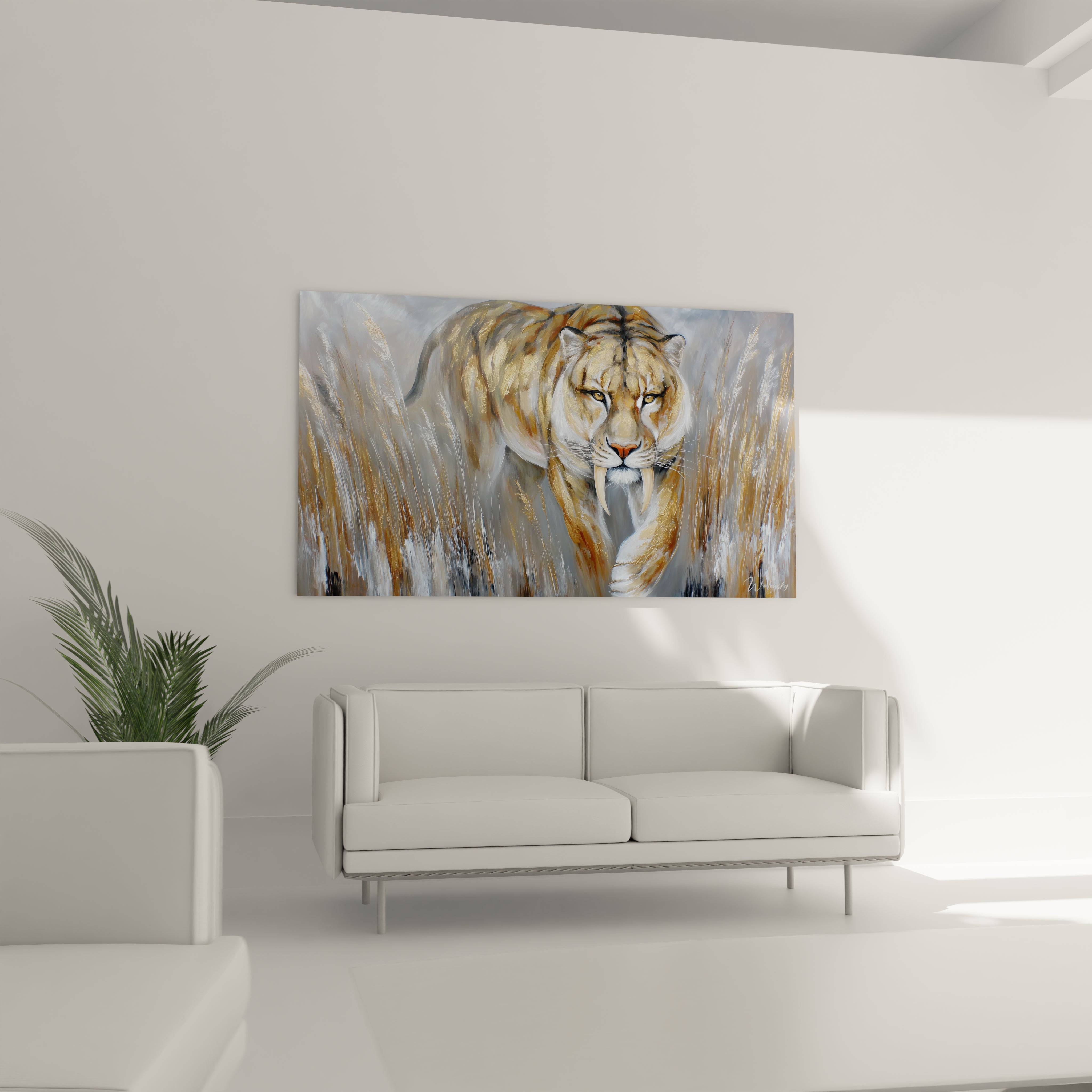 Gros plan tableau smilodon - Détails artistiques tigre dents de sabre art préhistorique mural