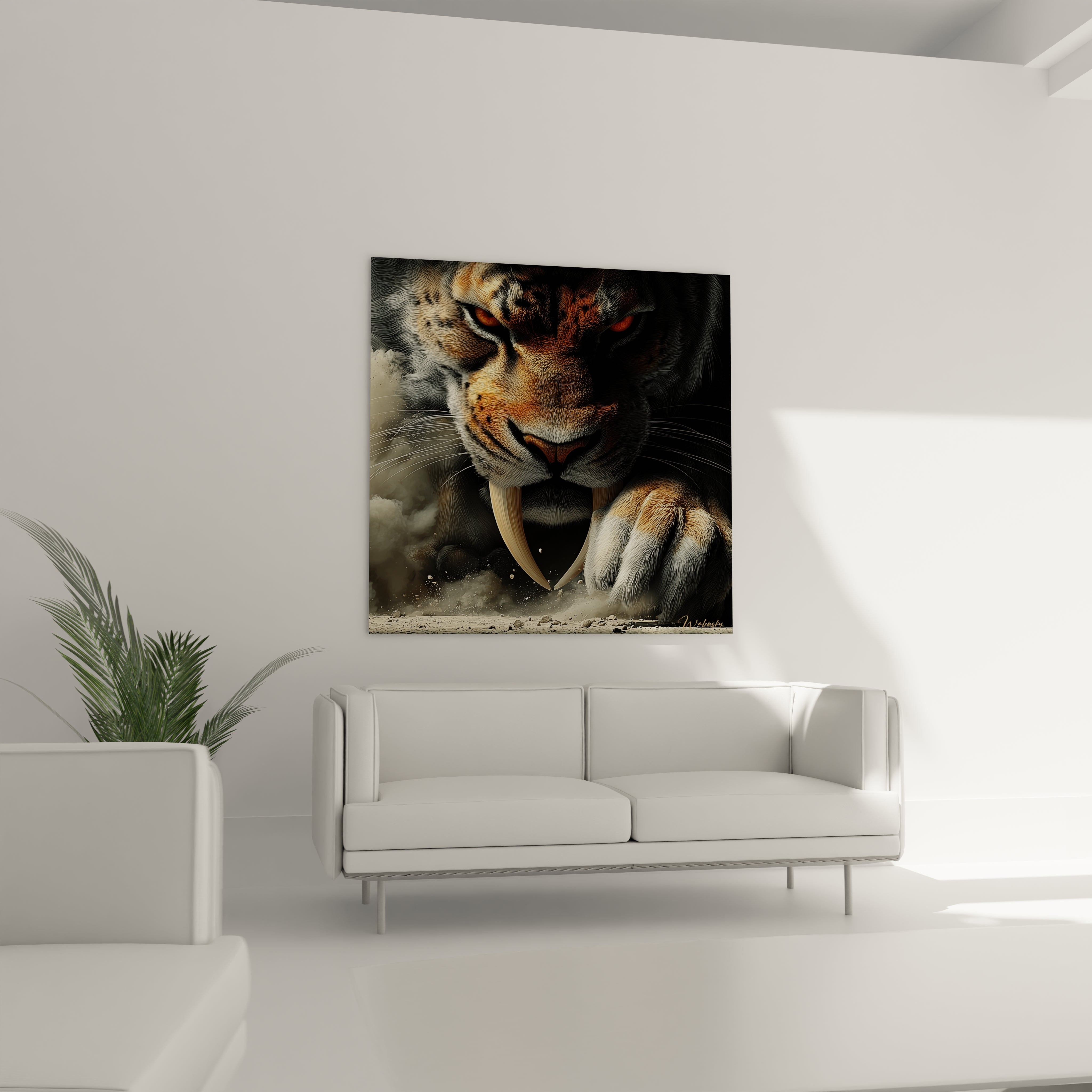 Gros plan détaillé tableau Smilodon canines surdimensionnées fourrure réaliste art animalier