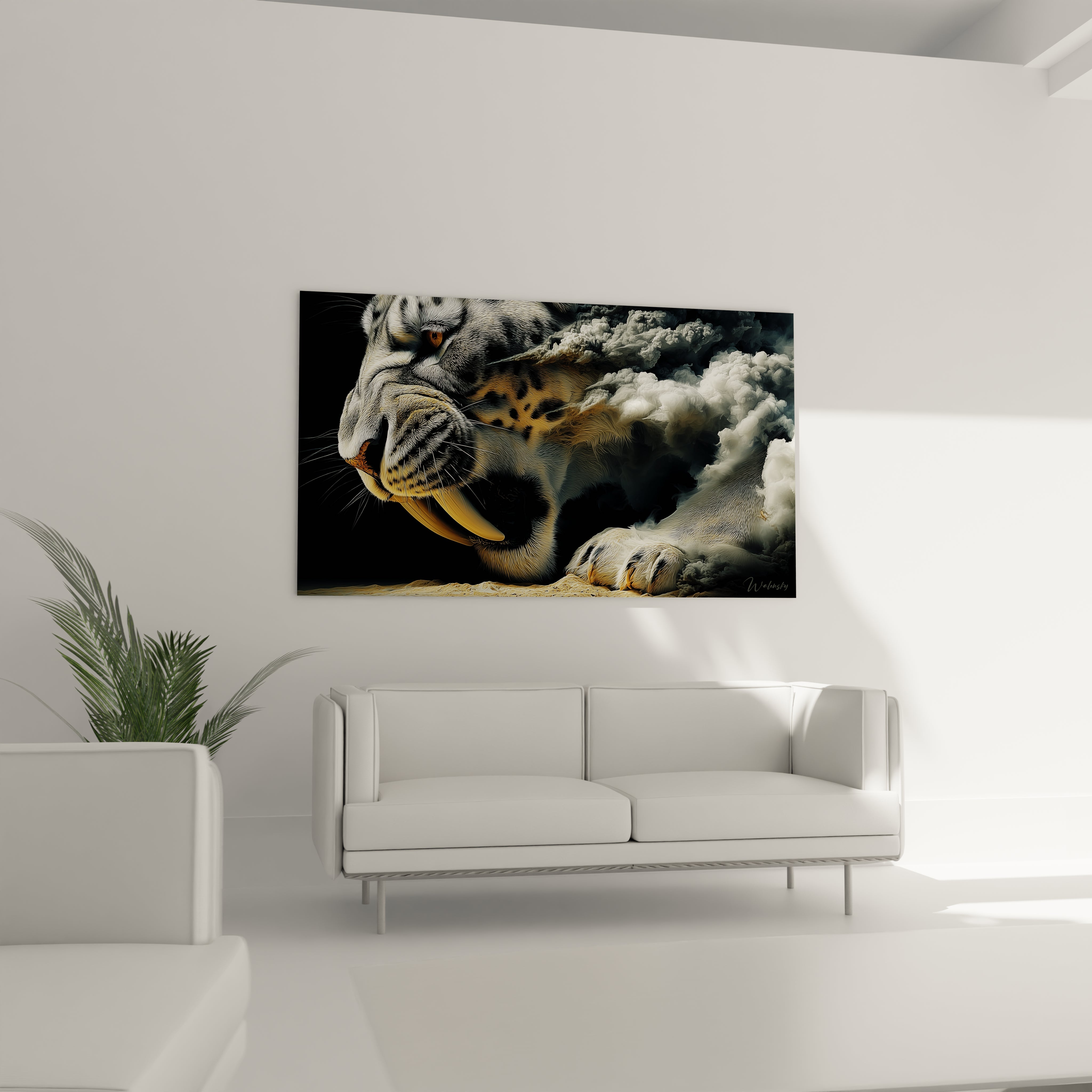 Gros plan tableau smilodon montrant détails crocs et expression féroce du tigre à dent de sabre