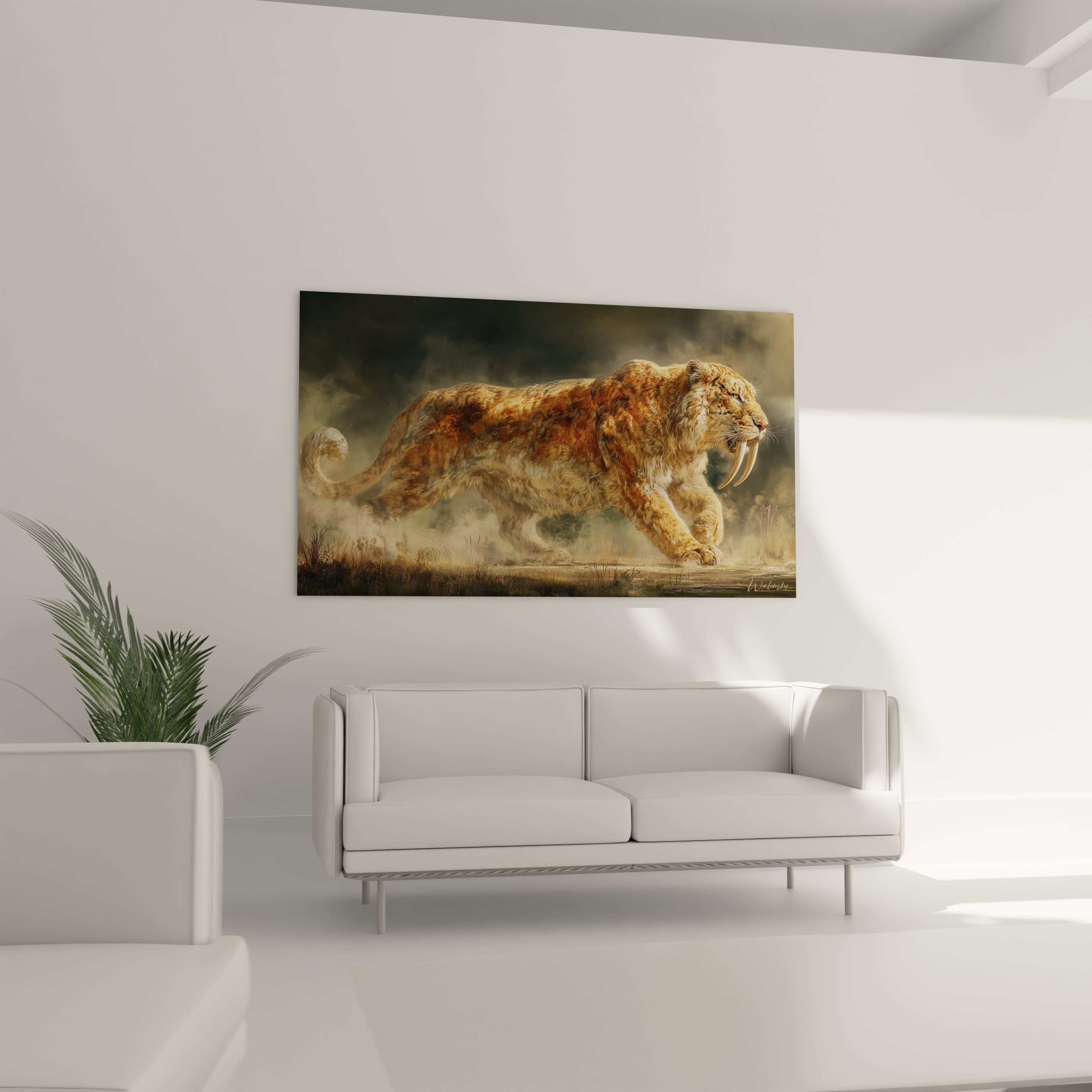 Gros plan tableau smilodon montrant détails canines sabre et pelage roux, art animalier préhistorique