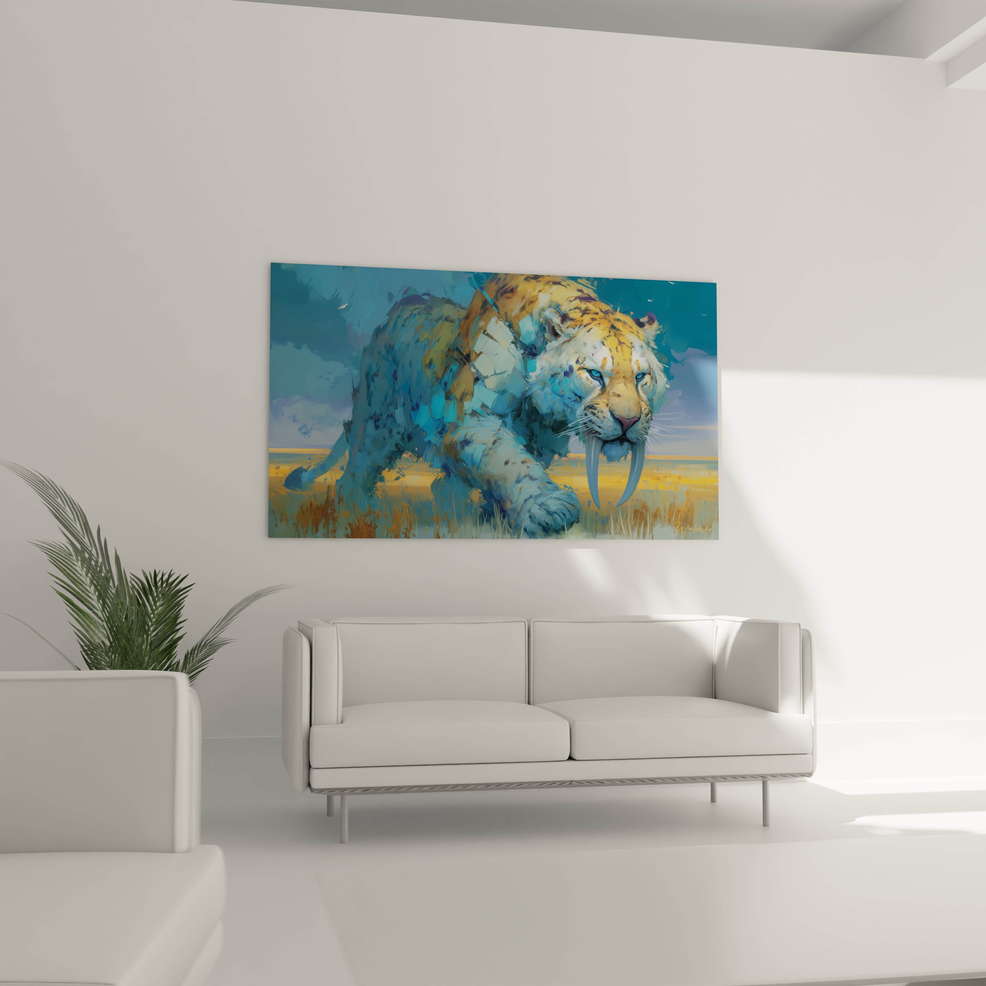 Gros plan tableau smilodon crocs saillants, détails artistiques tigre dents de sabre, peinture bleue