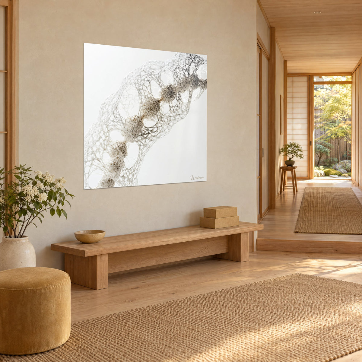 Tableau double hélice abstraite aux filaments écrus et bruns, perles crème au cœur du réseau, mur beige, banc en bois clair