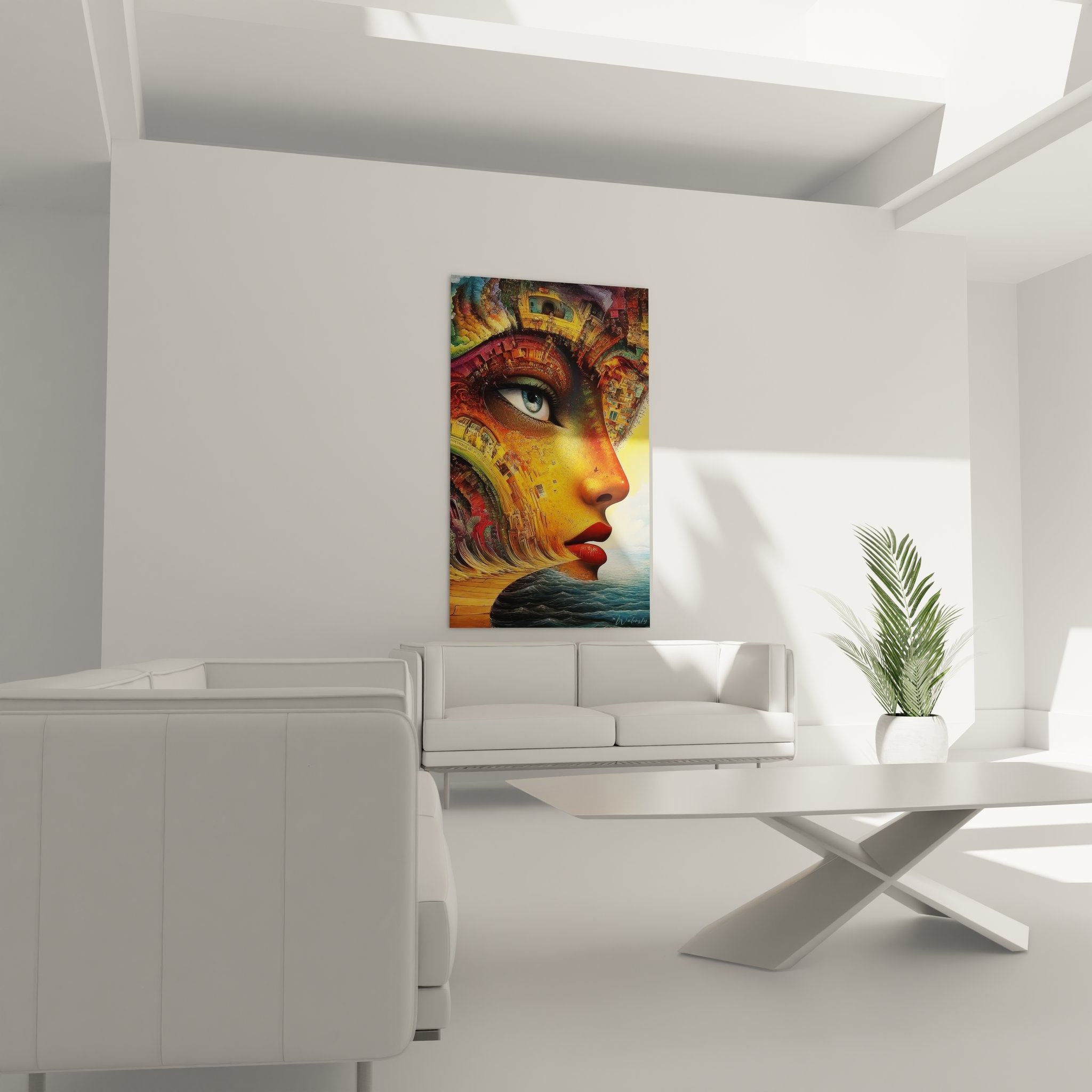 Gros plan détails tableau surréaliste visage féminin éléments architecturaux couleurs dorées art abstrait