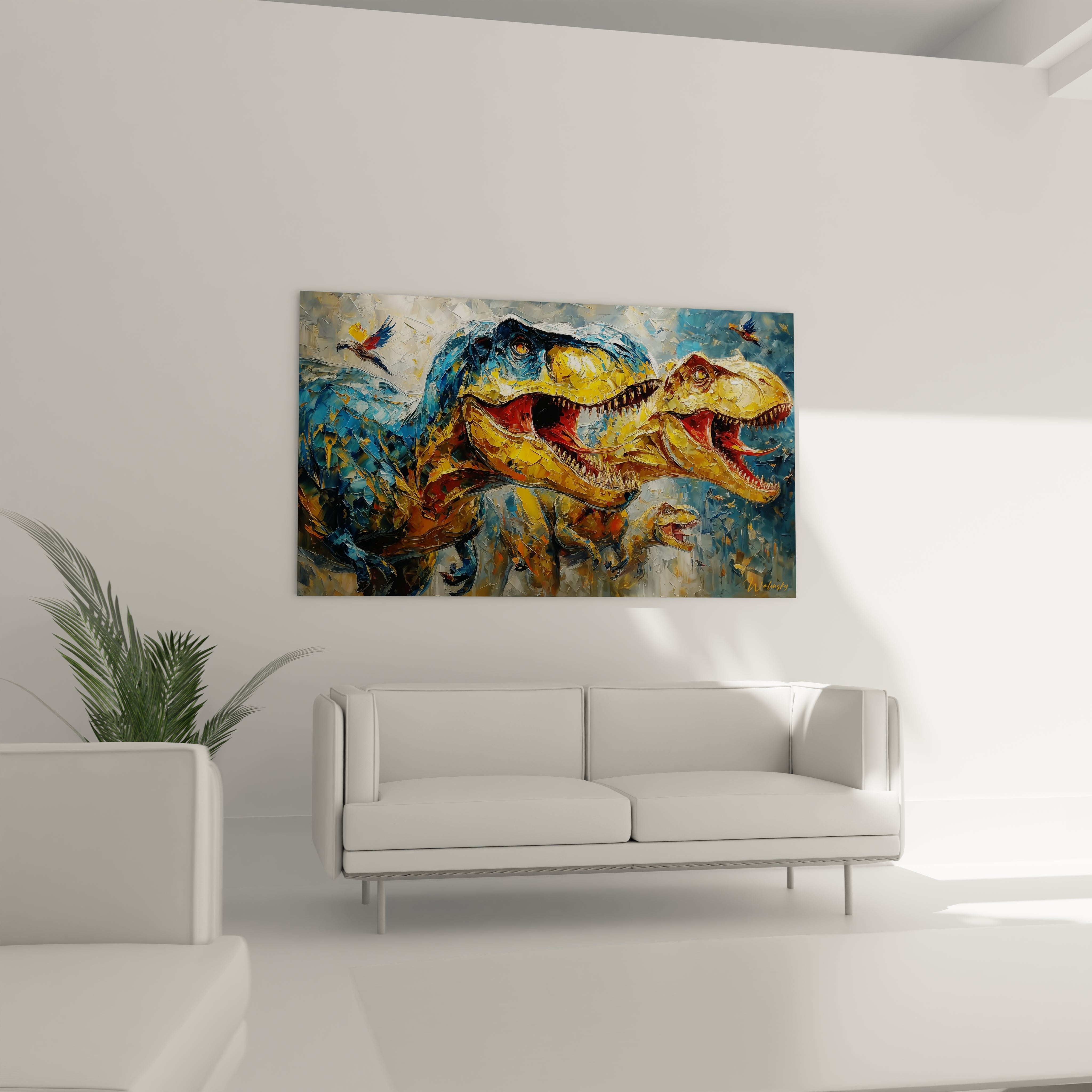 Gros plan tableau T-Rex rugissant, détails peinture expressionniste art dinosaure texture