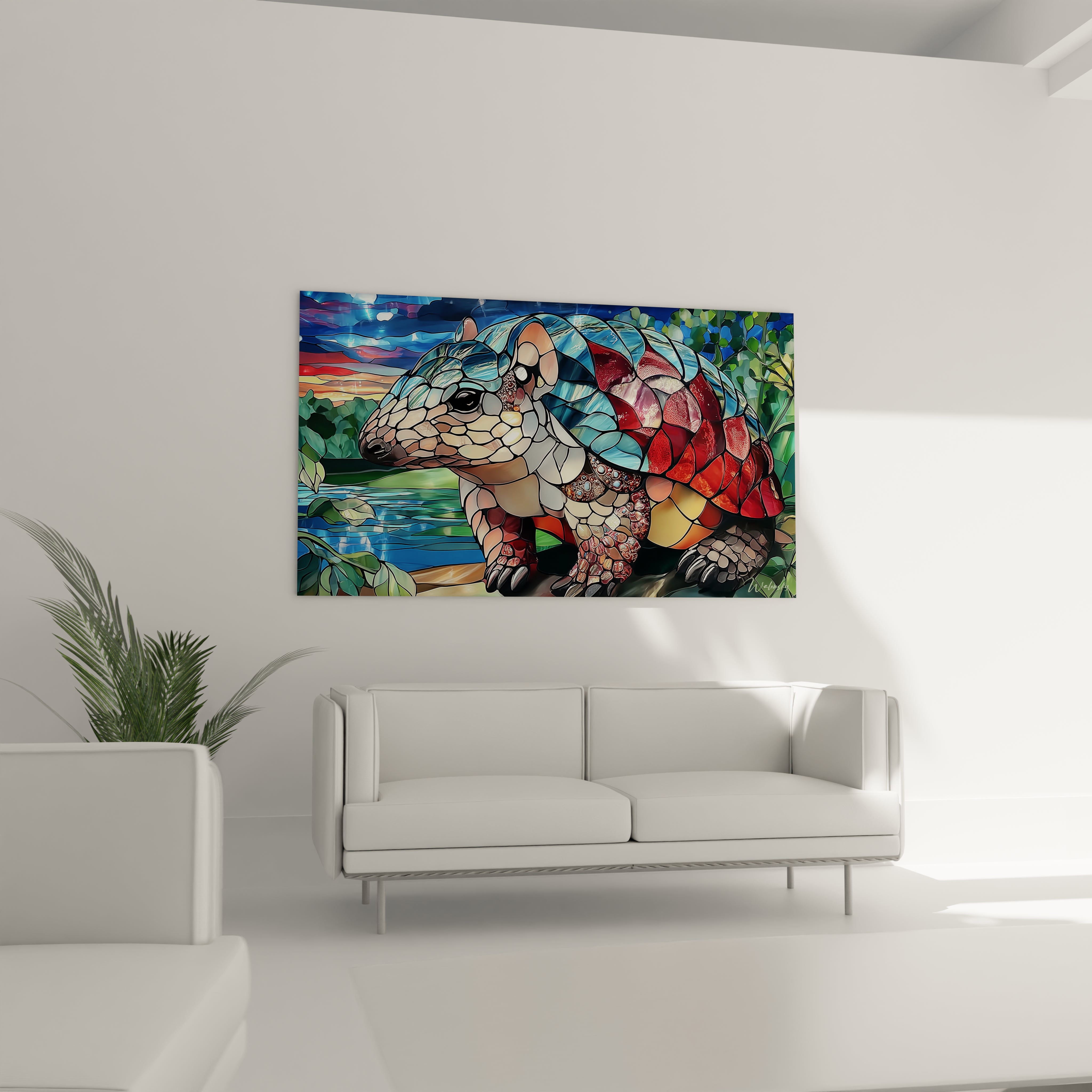 Gros plan tableau tatou mosaïque vitrail détails carapace colorée art décoratif