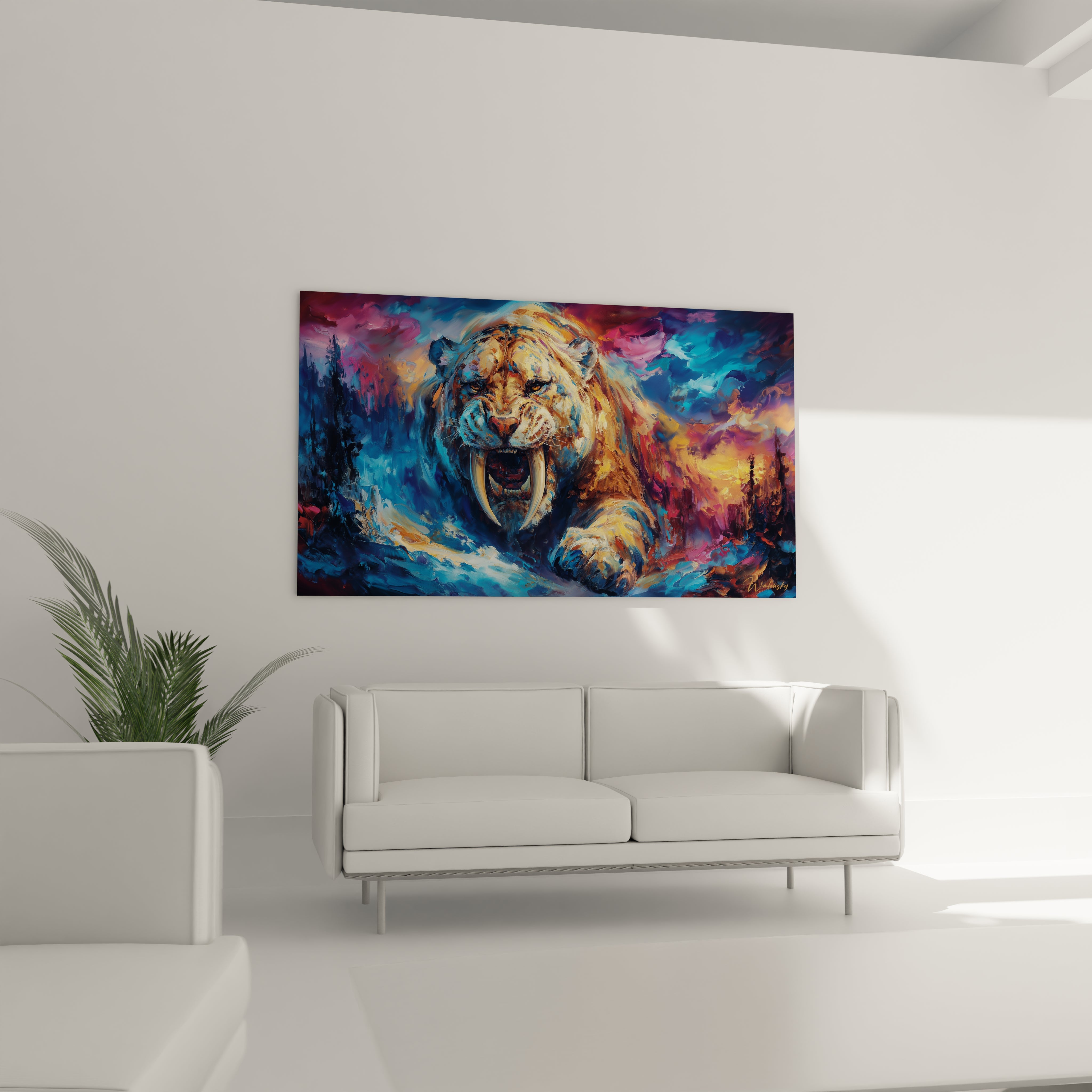 Gros plan tableau tigre à dent de sabre rugissant, détails peinture smilodon artistique