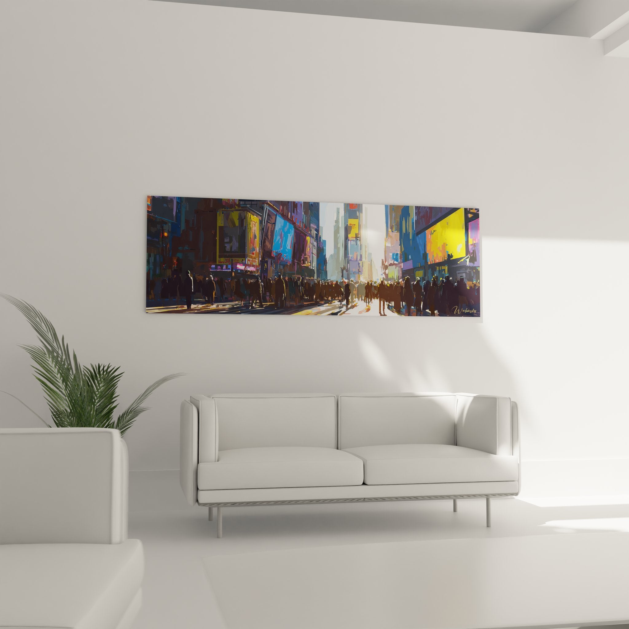 Gros plan tableau Times Square - détails buildings colorés et écrans publicitaires Manhattan art urbain