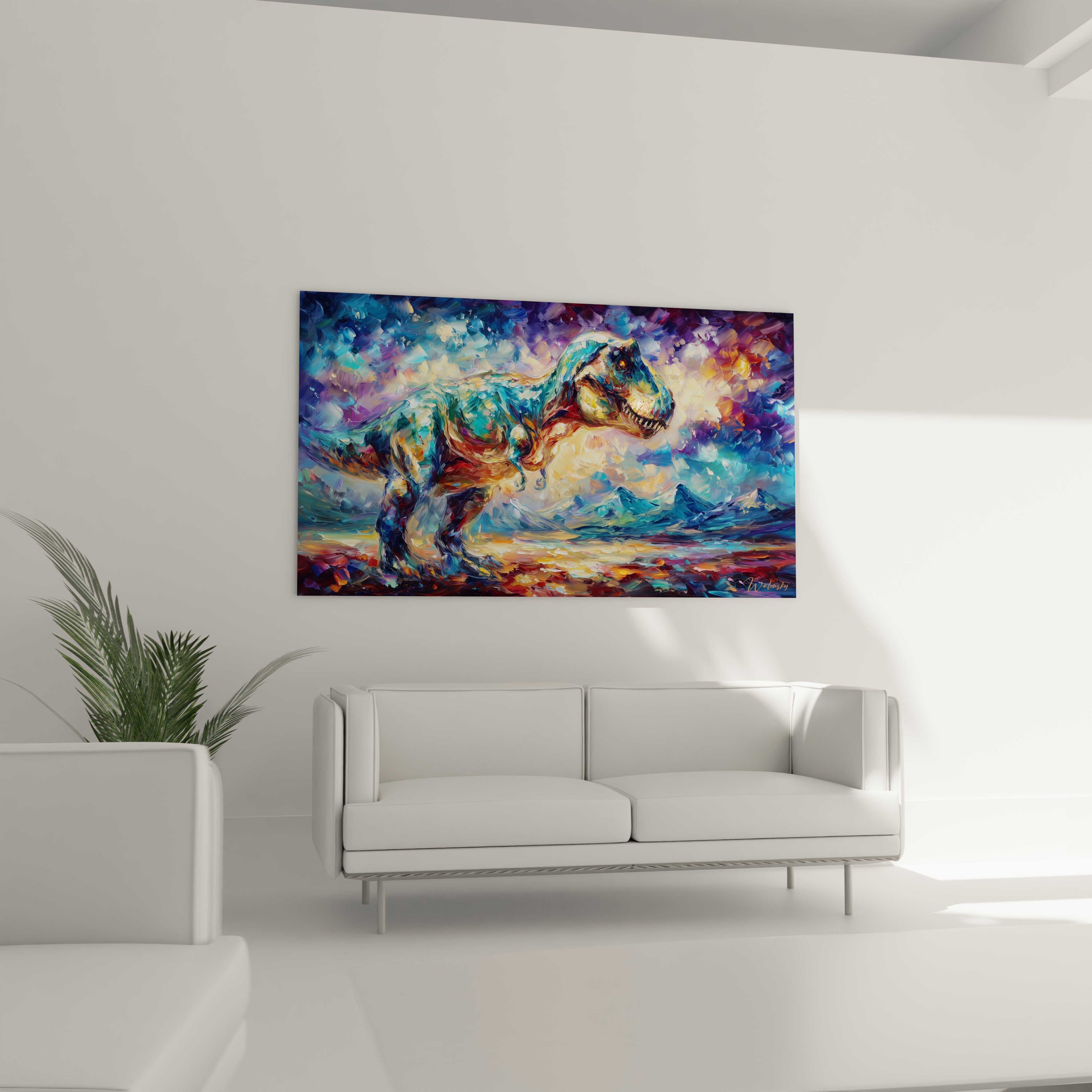 Gros plan tableau T-Rex impressionniste, détails peinture dinosaure colorée, art mural moderne