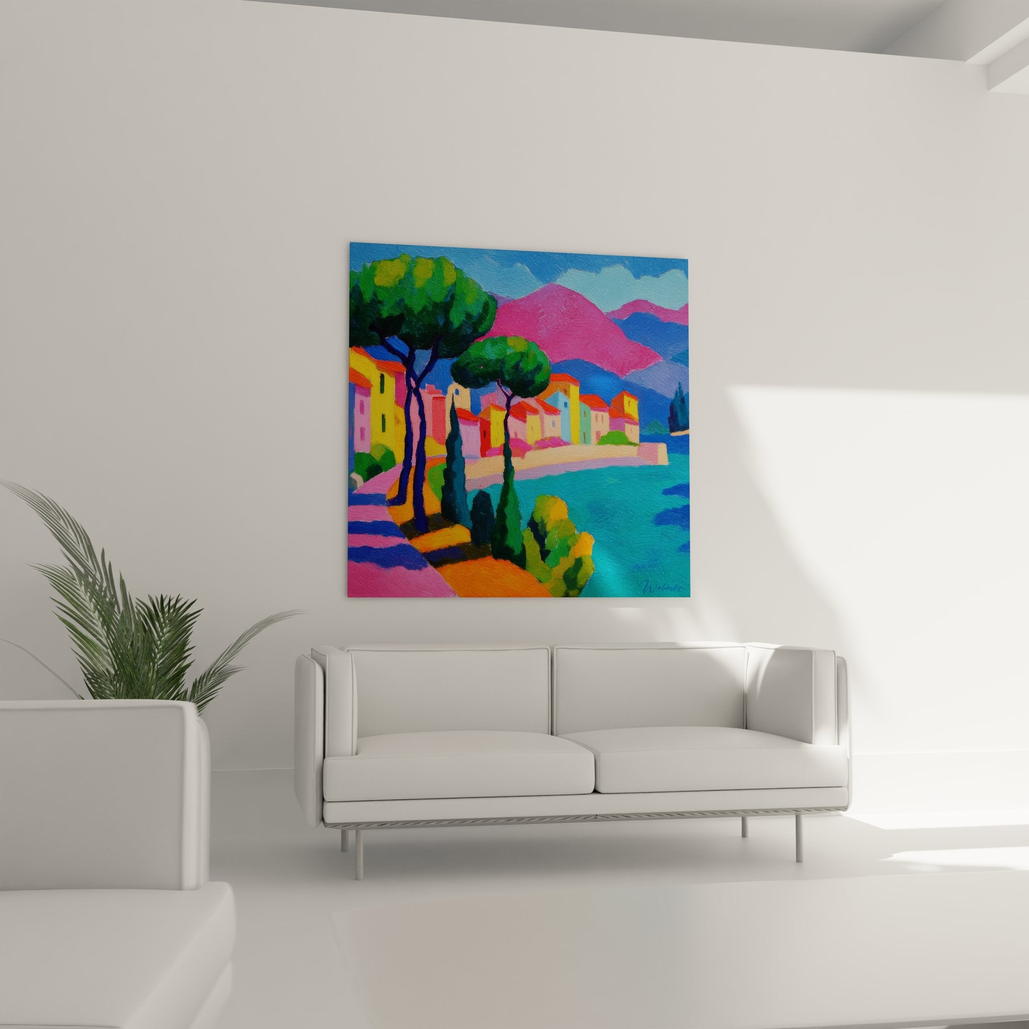 Gros plan tableau village côtier - détails peinture colorée maisons méditerranéennes