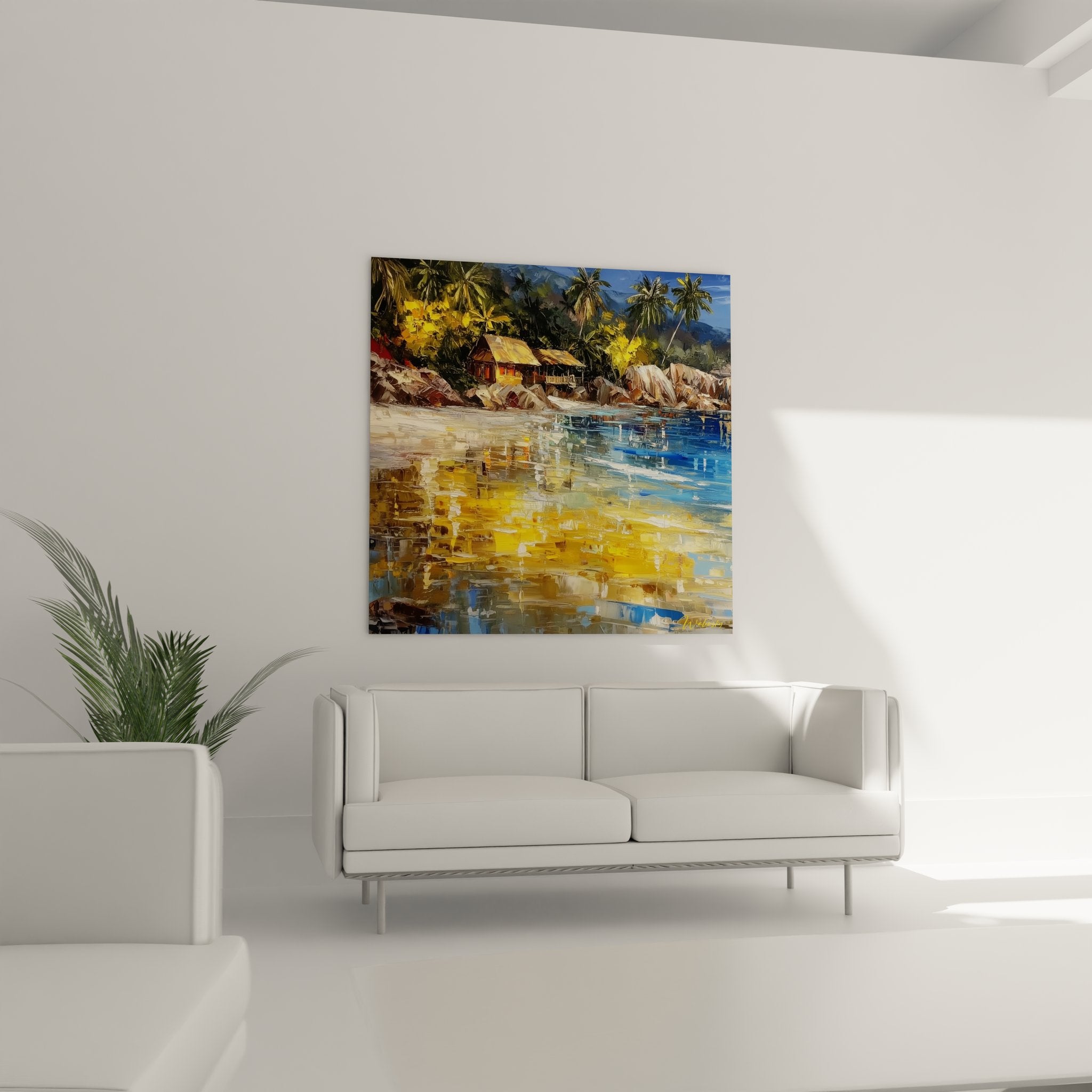 Gros plan tableau tropical détails reflets dorés textures peinture village côtier