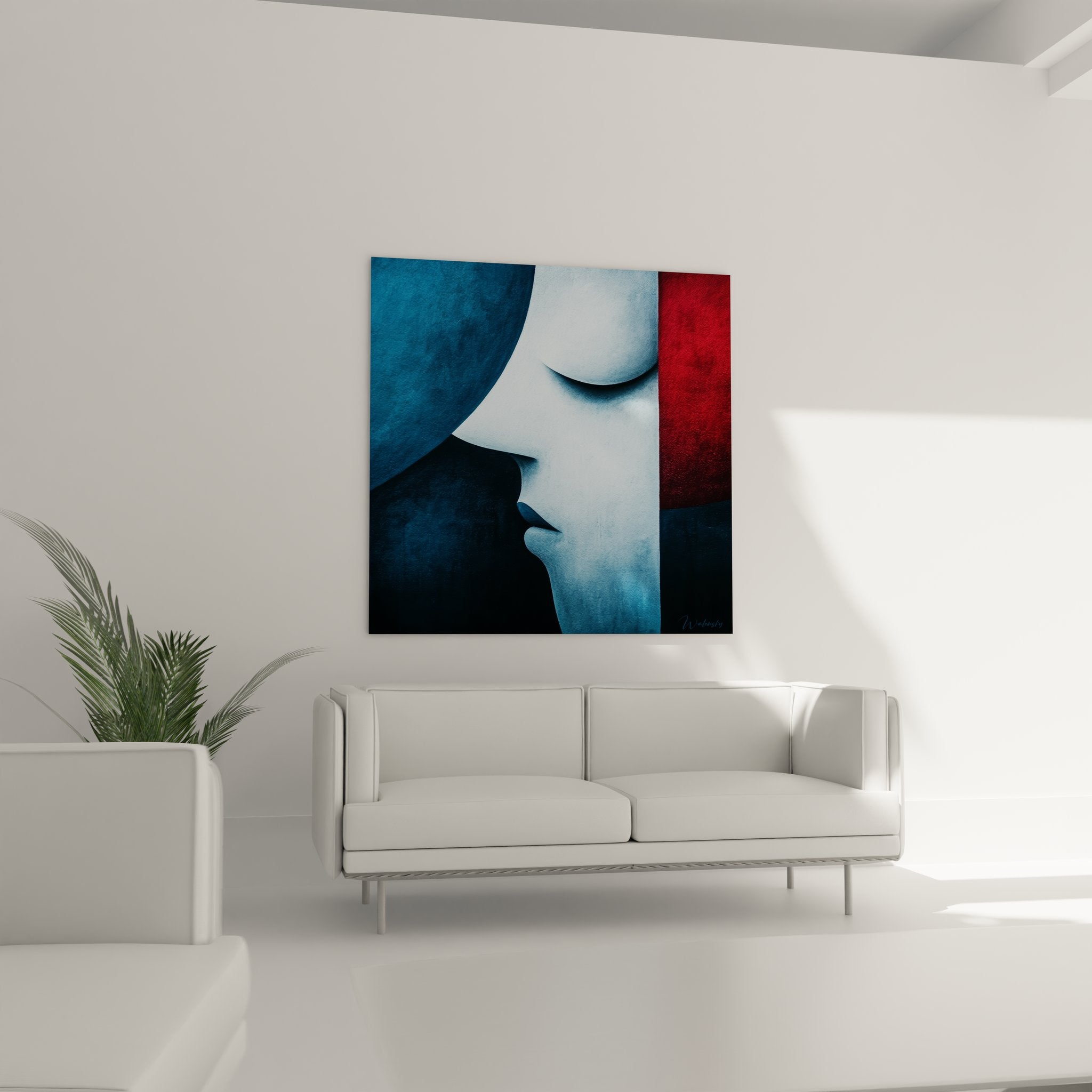 Gros plan tableau portrait féminin abstrait géométrique détails visage art mural moderne