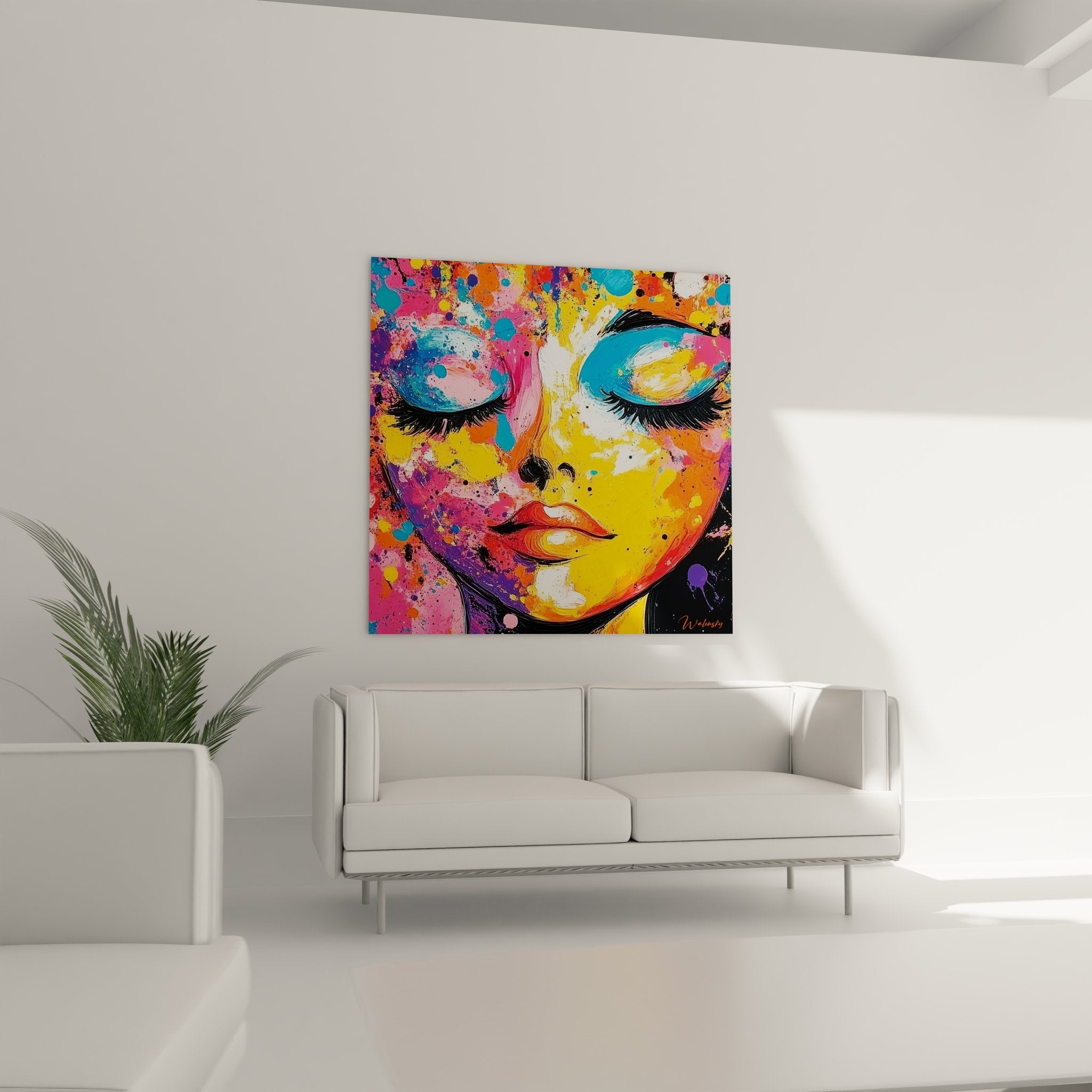 Gros plan tableau visage abstrait montrant détails yeux bleus et technique peinture