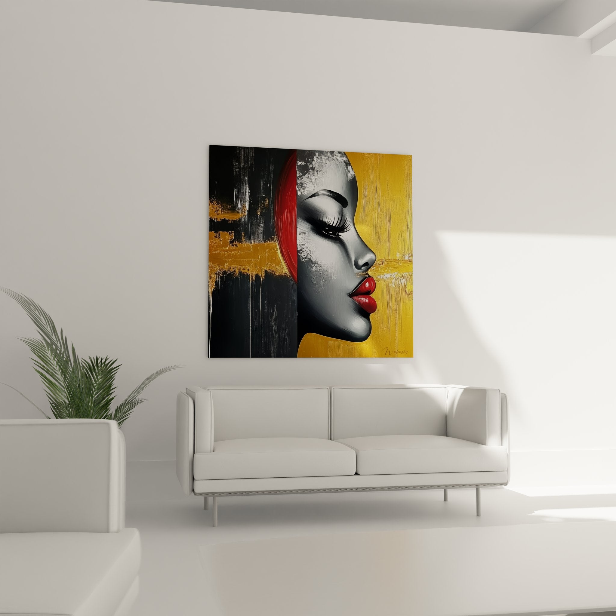 Gros plan tableau visage féminin abstrait détails lèvres rouges et texture peinture