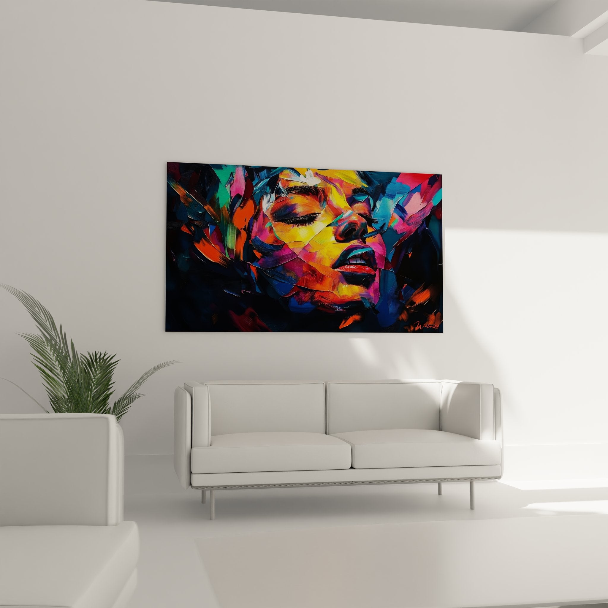 Gros plan tableau visage femme figuratif abstrait, détails peinture colorée et technique artistique moderne