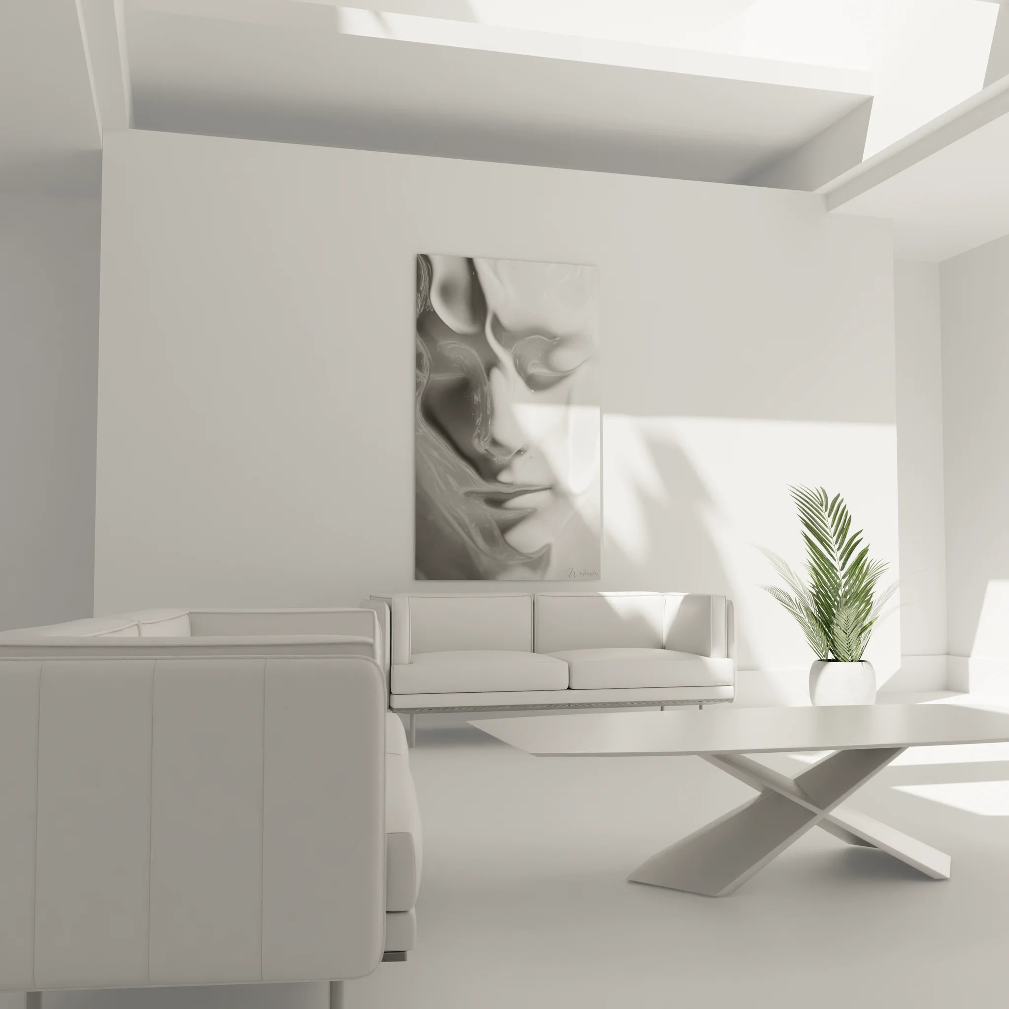 Gros plan tableau visage féminin sous plastique art noir blanc détails texture moderne