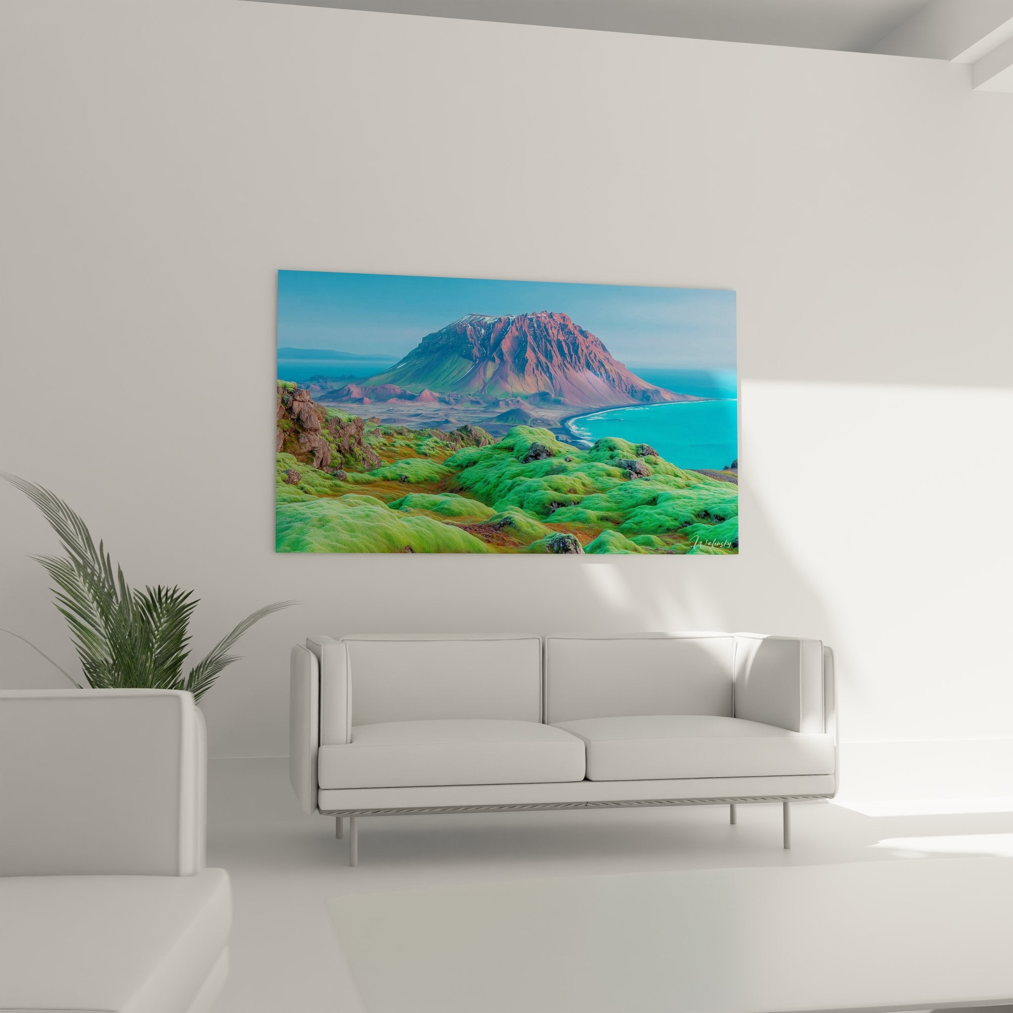 Gros plan tableau art volcanique détails mousses vertes islandaises et formations rocheuses