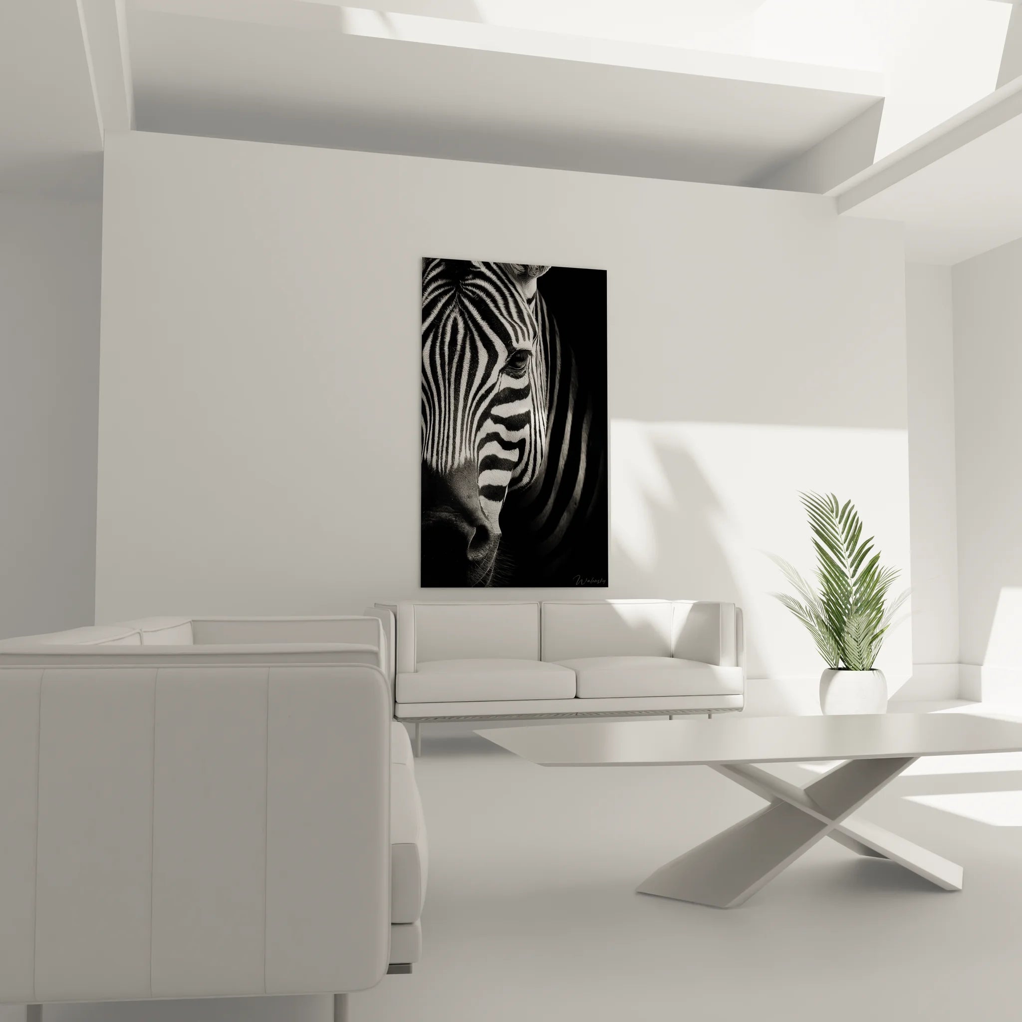 Gros plan tableau zèbre œil regard intense rayures détaillées noir blanc art mural