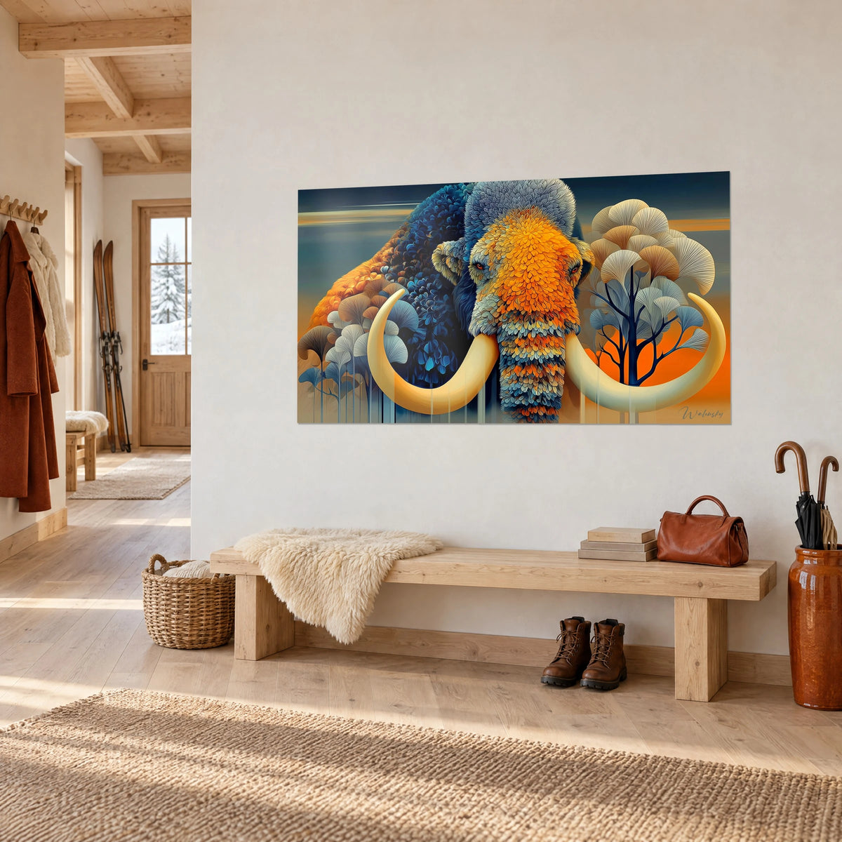 Wall art prehistoric pachyderm with saffron orange forehead, midnight blue fur and grey ginkgo leaves, on a white chalet-style entrance wall