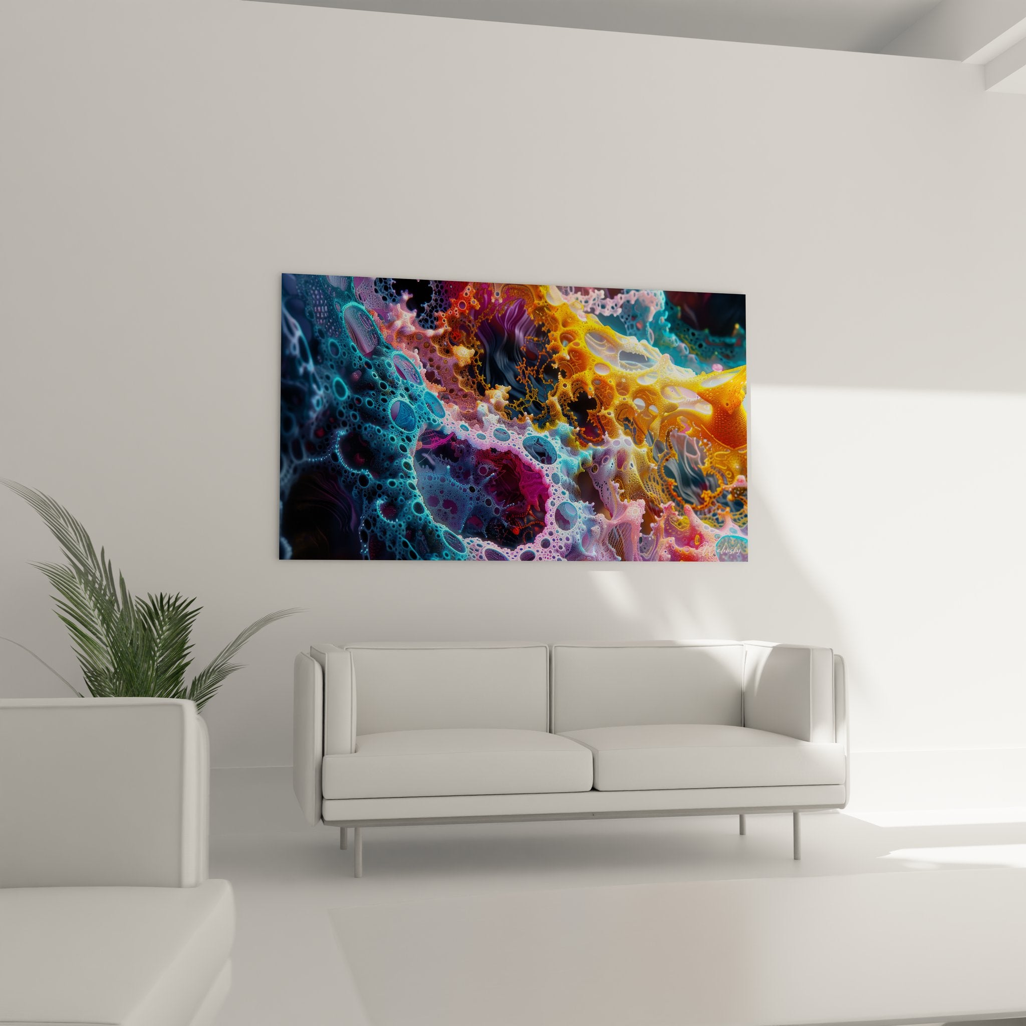 Gros plan texture neuronale tableau art scientifique bulles synaptiques détails colorés